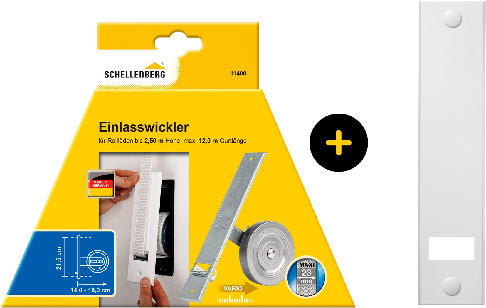 SCHELLENBERG Einlass-Gurtwickler Unterputz, inkl. Abdeckplatte weiß, Set, 1-tlg., 21,5 cm Lochabstand für das Rollladensystem Maxi