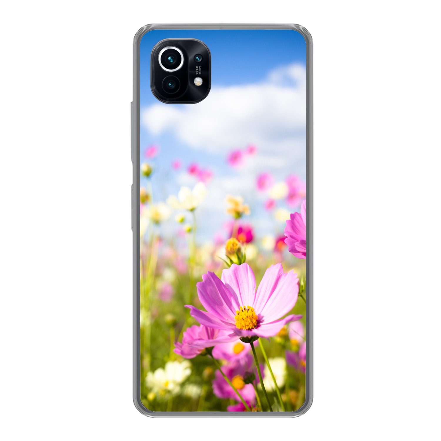 MuchoWow Handyhülle für Xiaomi Mi 11 Blumen - Wiese - Lila - Gras - Weiß - Wolken - Blau, Phone Case, Silikon, Schutzhülle Dünn