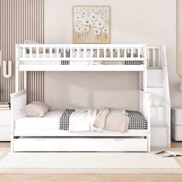 OKWISH Etagenbett Kinderbett Bett Einzelbett Gästebett Jugendbett (90 x 200 über 140 x 200 Etagenbett, mit Rollbett und Treppe, weiß)