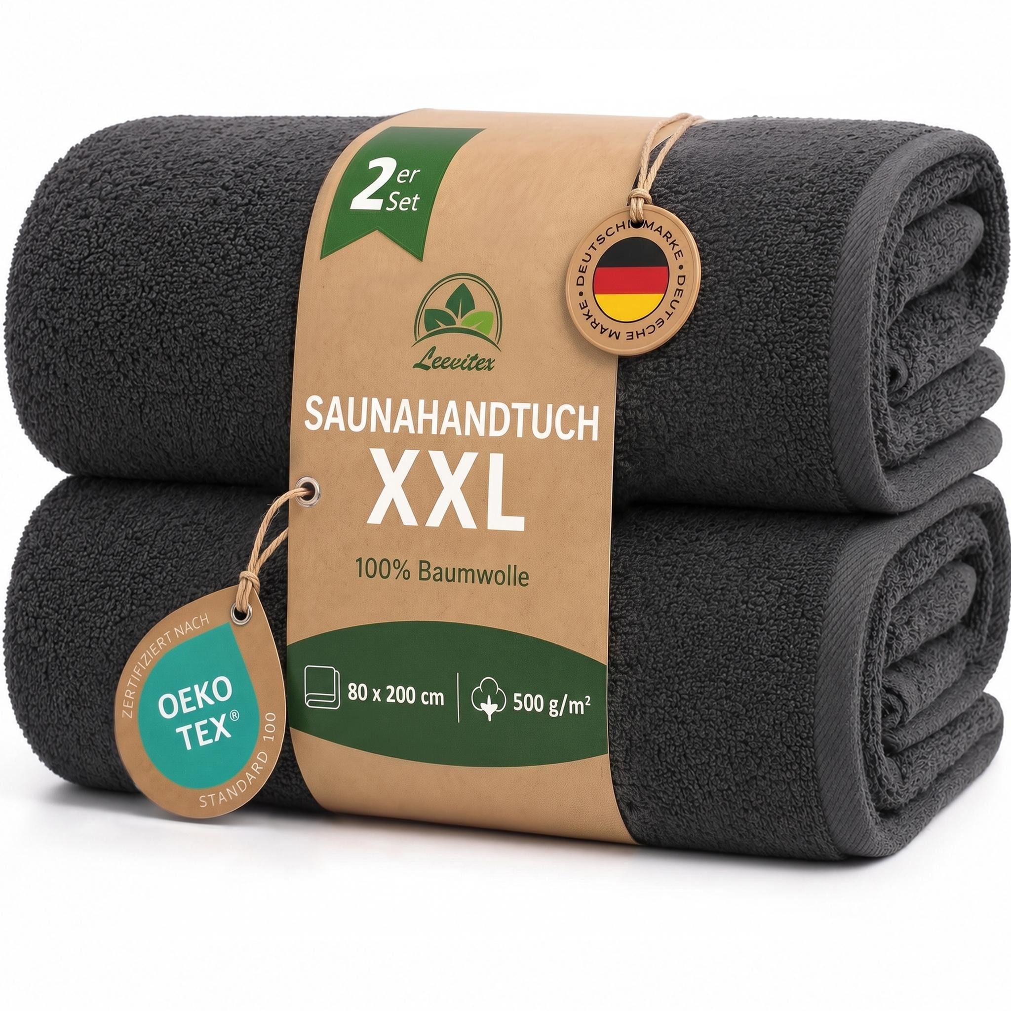 leevitex® Saunatuch, 80x200 cm, 100% Baumwolle, saugstark und fusselfrei, Frottee (Set, 2-St), OEKO-TEX® STANDARD 100 zertifiziert, gestreifte Bordüre