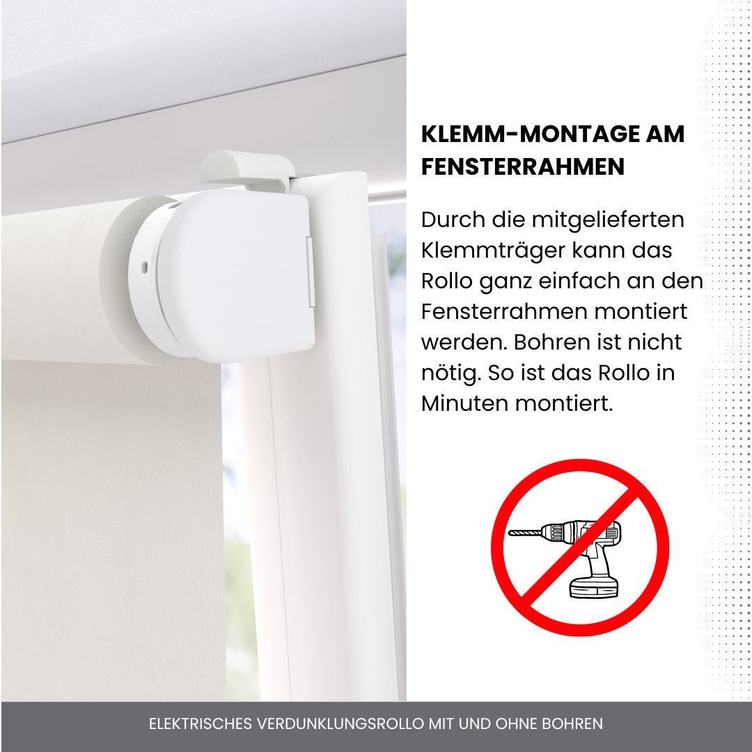 Elektrisches Rollo Verdunklungsrollo mit Zugmotor aufladbarer Motor, Plisseeonline, verdunkelnd, Fensterrahmen Montage ohne Bohren und Wand-, oder Deckenmontage möglich, freihängend, Klemmfix Fenster,- Decken oder Wandmontage, Weiß, Grau