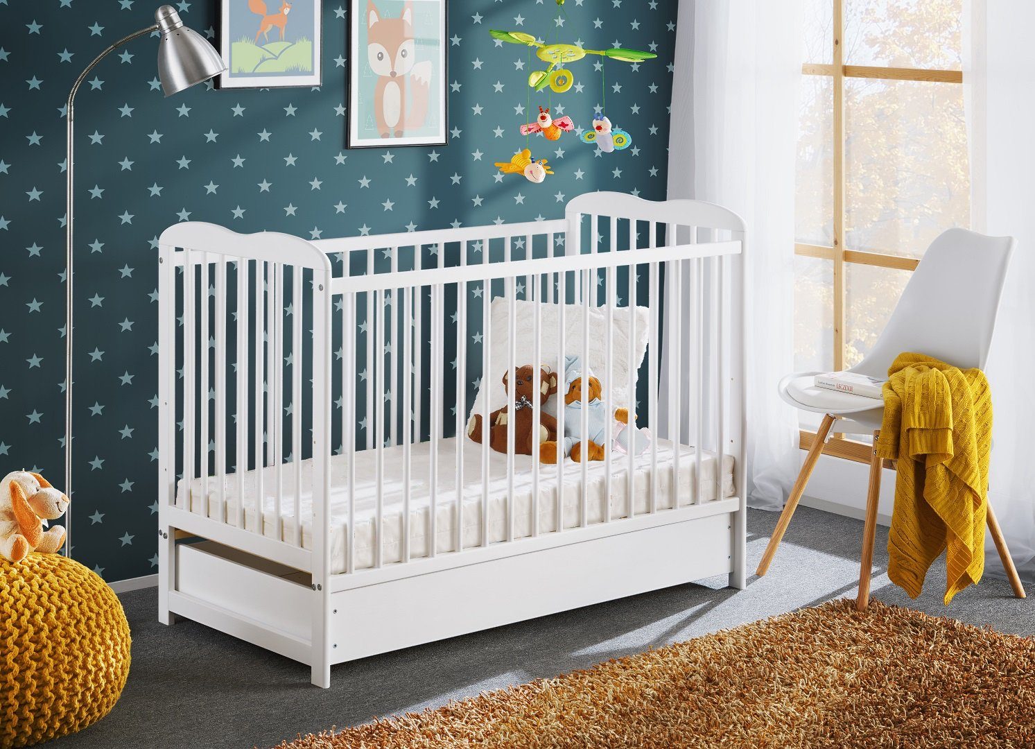 ASM-Moebel Babybett Babybett Gitterbett Beistellbett + Matratze und Schublade ALA 120x60, Mit Schlupfsprossen, Schublade, Abnehmbarer Bezug, Drei Positionen