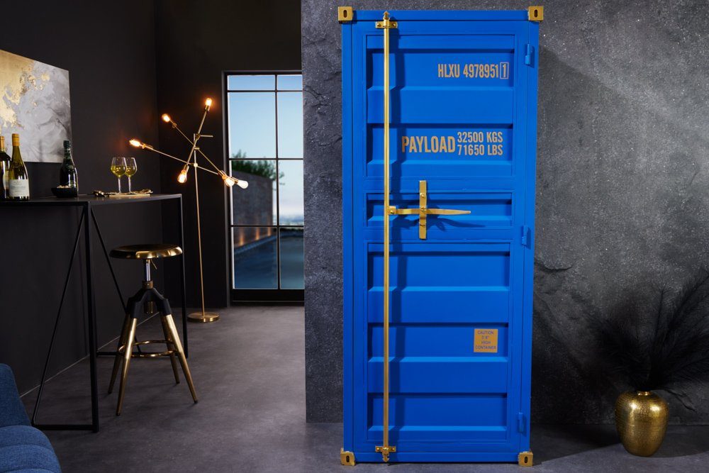 riess-ambiente Barschrank GLOBETROTTER 180cm blau/gold - Eisen, Mangoholz, Upcycling, Bar (Einzelartikel, 1-St) Industrial Weinregal für Alkohol - ideal für Wohnzimmer oder Küche