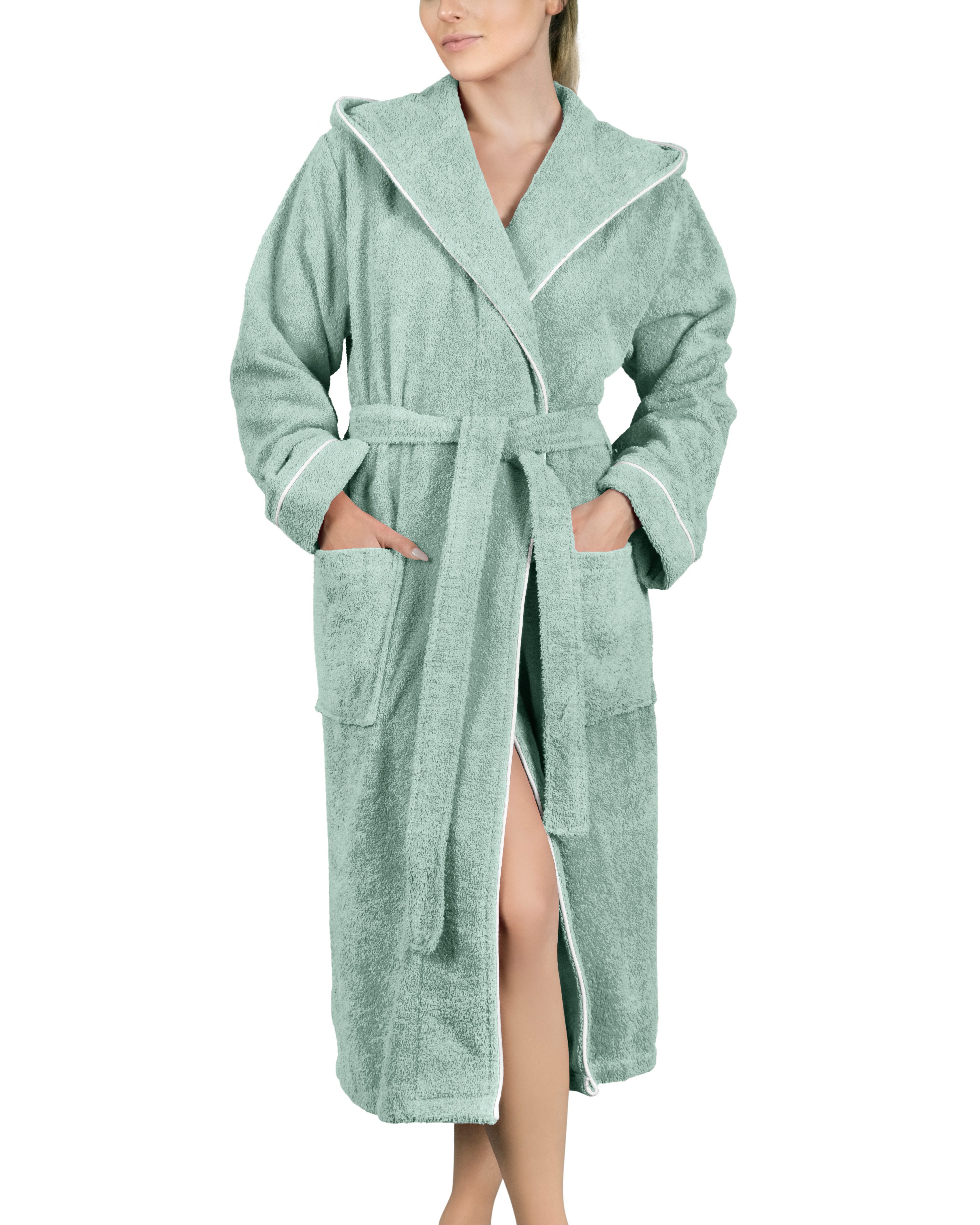 Laynenburg Damenbademantel Bademantel Damen Frottee Kapuze Baumwolle, 121, Baumwolle, Gürtel, warm & kuschelig, Wadenlang, Fronttaschen, Gürtel, S-XXXL