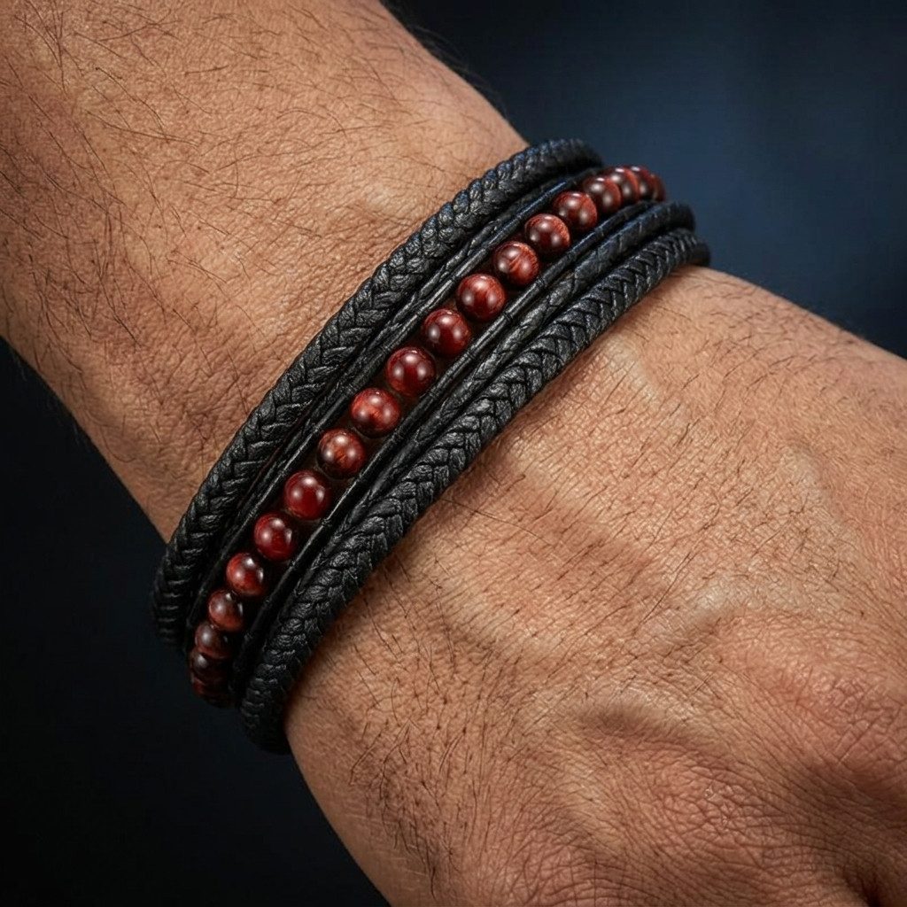UNIQAL.de Lederarmband DELUXE – elegantes Unisex Natursteinarmband aus Echtleder (geflochten mit Magnetverschluss & Verlängerungsglied, edel, handgefertigt, hoc – Bild 4 von 5