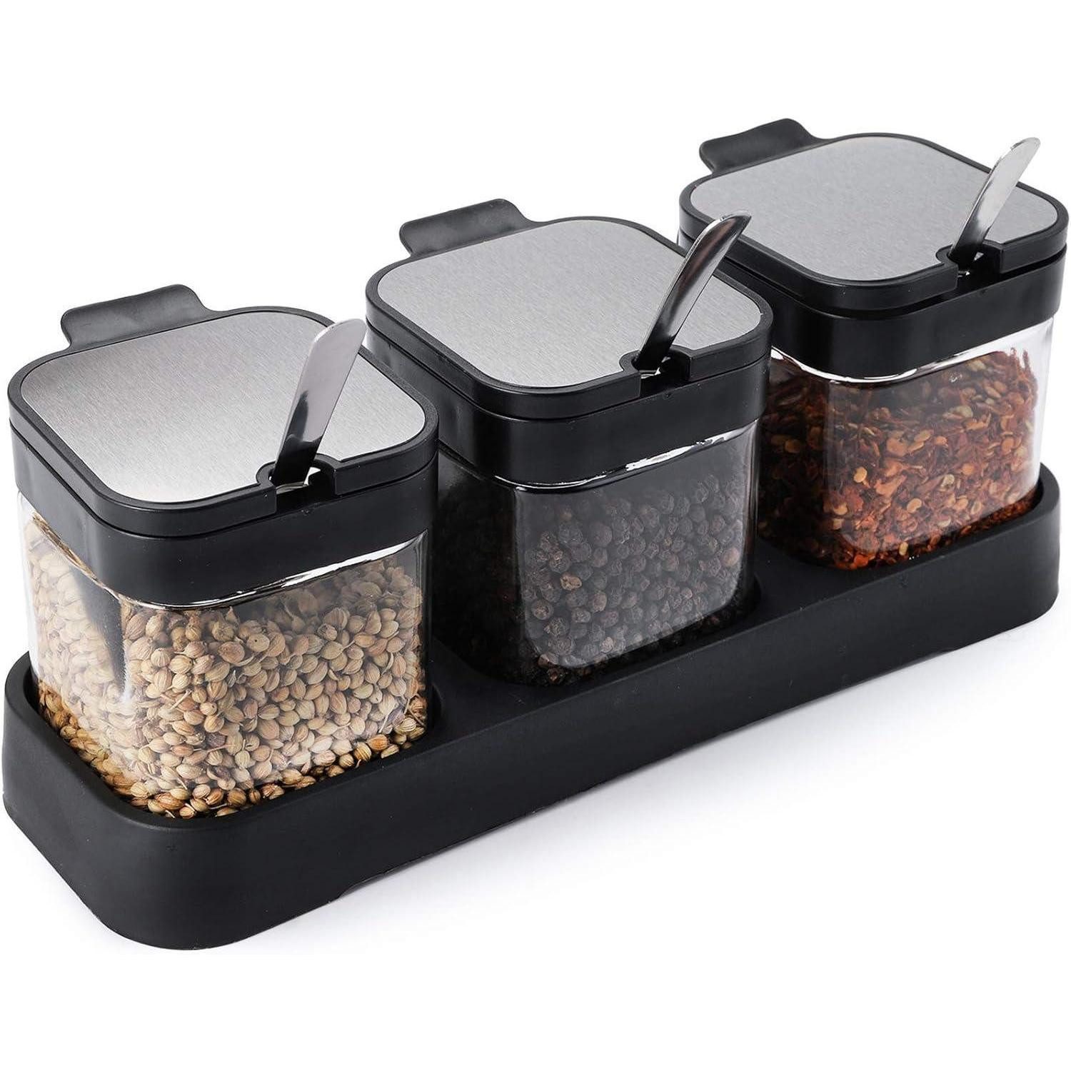LuxusKollektion Gewürzbehälter Glas Gewürzbehälter Set 3-teilig 220 ml Deckel Löffel Halter Küche