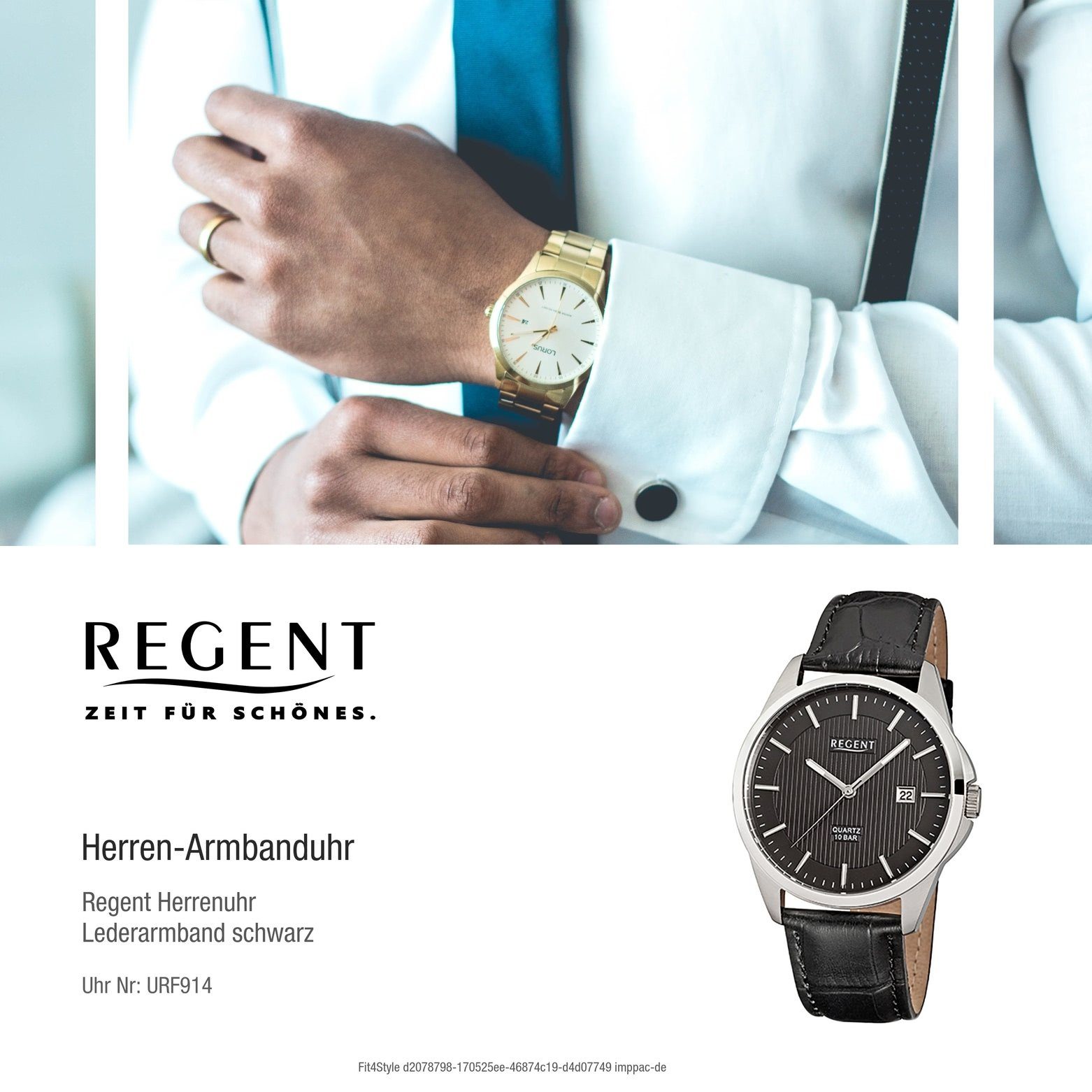 Regent 39mm), schwarz (ca. mittel Quarzuhr Herren-Armbanduhr Armbanduhr Analog, rund, Regent Lederarmband Herren