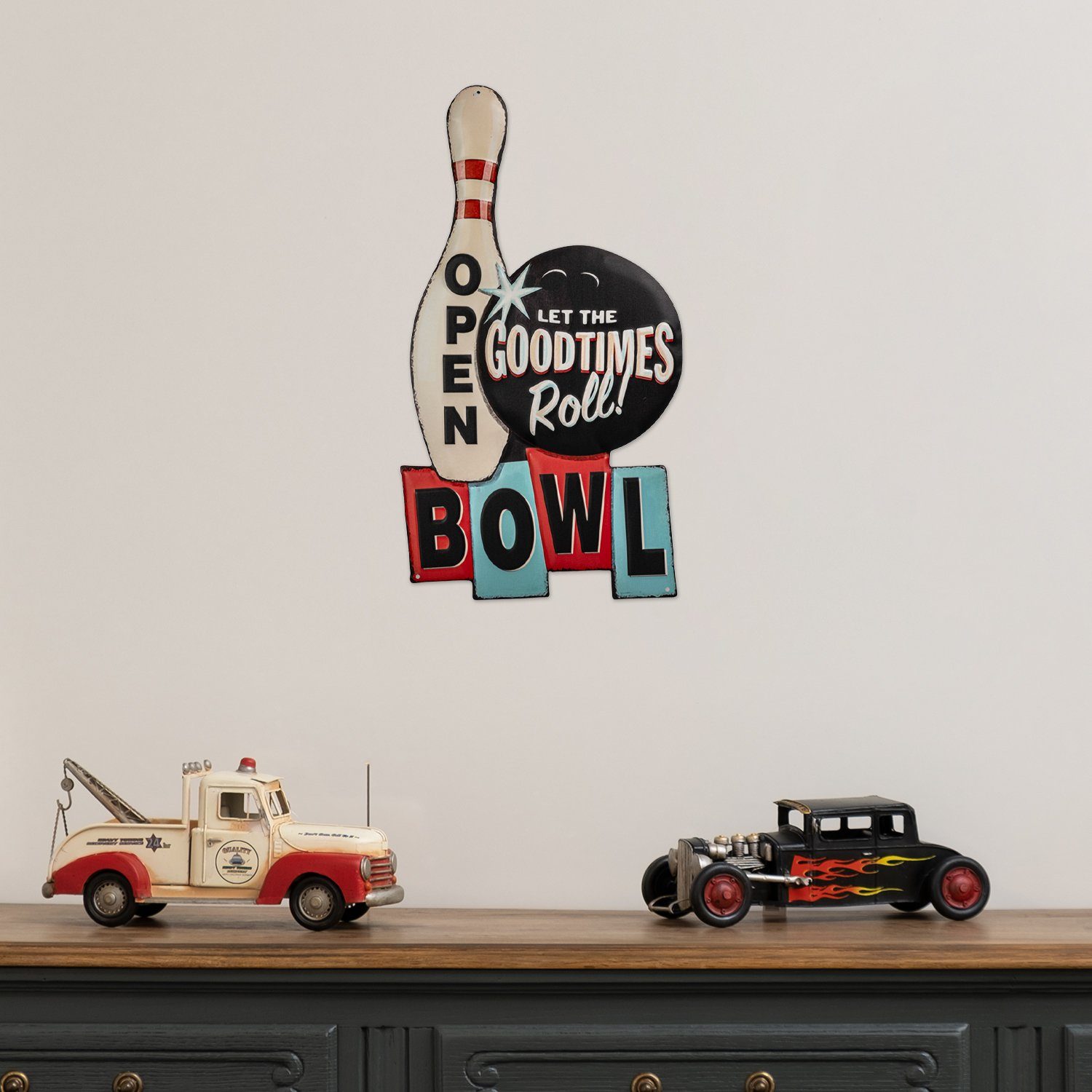 Moritz Metallschild Open Offen Bowling Pin Kugel Kegel, Vintage Retro Deko Schild Metallschild Wandbild Schild