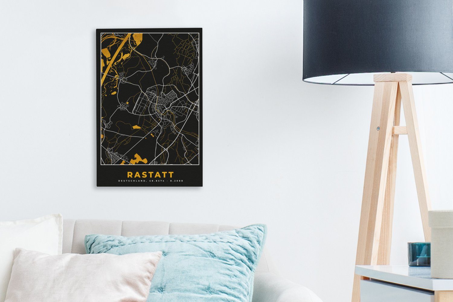 Deutschland bespannt Karte, Gold Rastatt Zackenaufhänger, Leinwandbild - St), 20x30 und cm Schwarz Stadtplan inkl. Gemälde, Leinwandbild - fertig OneMillionCanvasses® (1 - -