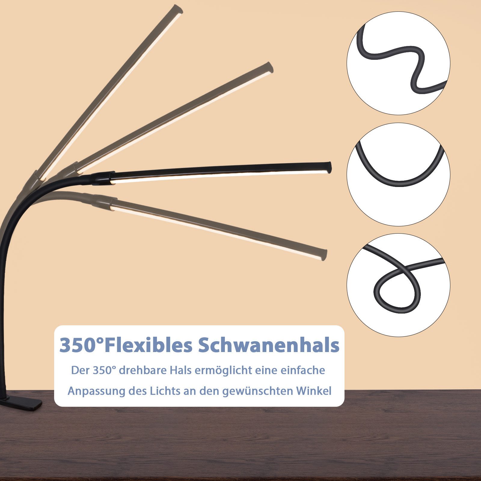ZMH LED Klemmleuchte USB-Schreibtischlampe 5 W, 3 Farbtemperaturen, 5 Helligkeitsstufen, LED fest integriert, Warmweiß-Neutralweiß-Kaltweiß, Arbeitsplatzleuchte – Bild 5 von 5