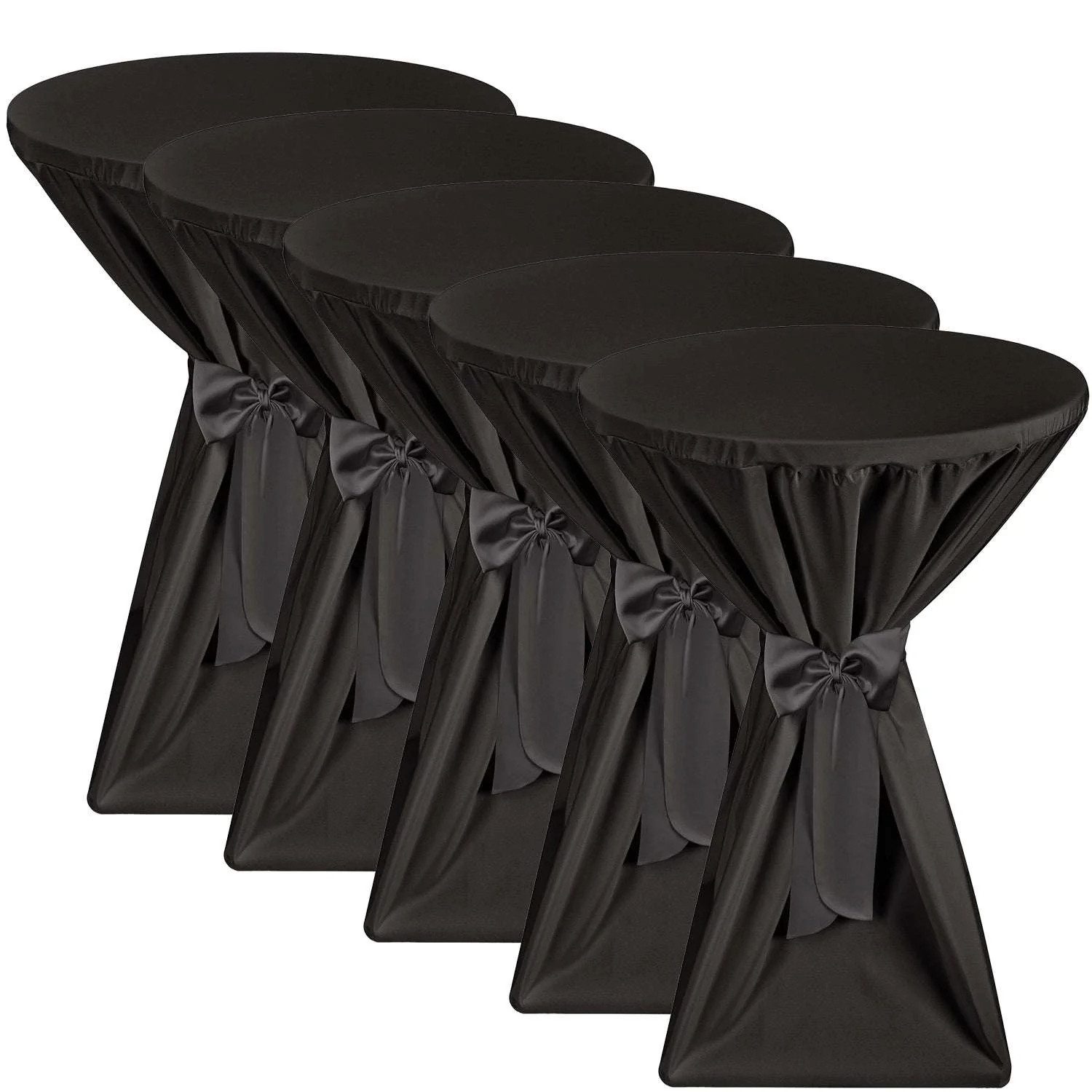 Beautissu Stehtischhusse 5X Premium Stehtischhussen 60 cm Blickdicht Schwarz, Bügelfrei & 40°C Waschbar Stehtischüberzug mit Schleifenband