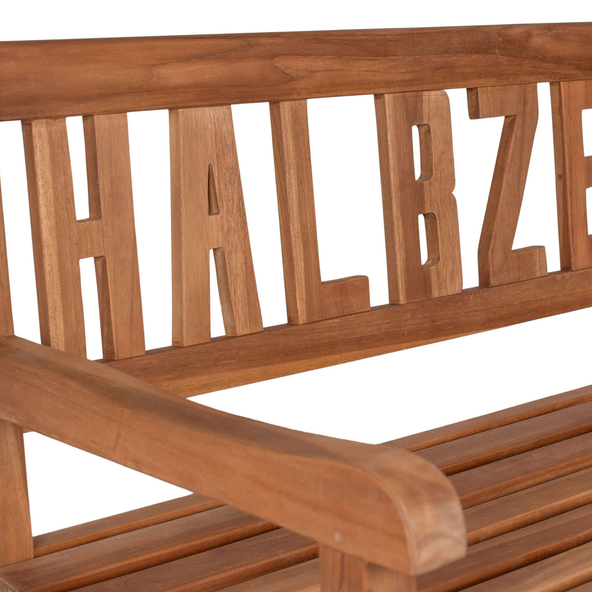 bene living Gartenbank HALBZEIT 120 cm - Teakholz, geschwungende Armlehnen - Rückenlehnen mit HALBZEIT-Schriftzug