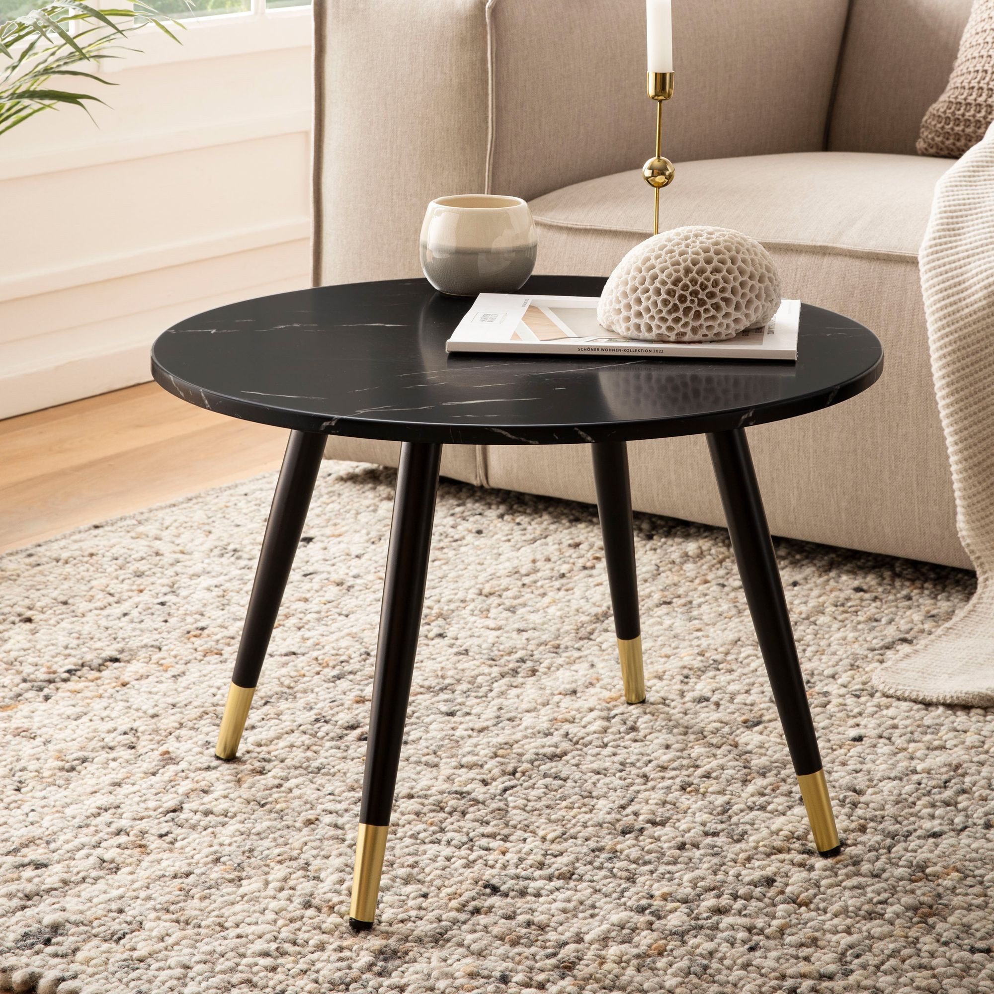 FINEBUY Couchtisch FB58932 Sofatisch Marmor Optik 60 cm Wohnzimmertisch Rund Tisch (Sofatisch Rund Marmor Optik Schwarz, 60x60x41 cm), Wohnzimmertisch Kaffeetisch mit Metall-Gestell