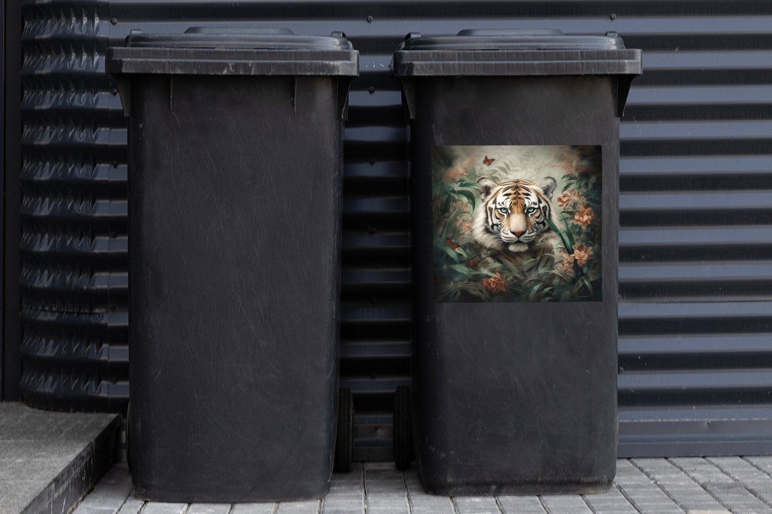 MuchoWow Wandsticker Tiger - - (1 Mülleimer-aufkleber, Schmetterlinge Sticker, Dschungel St), Mülltonne, Tiere Container, - - Abfalbehälter Blumen
