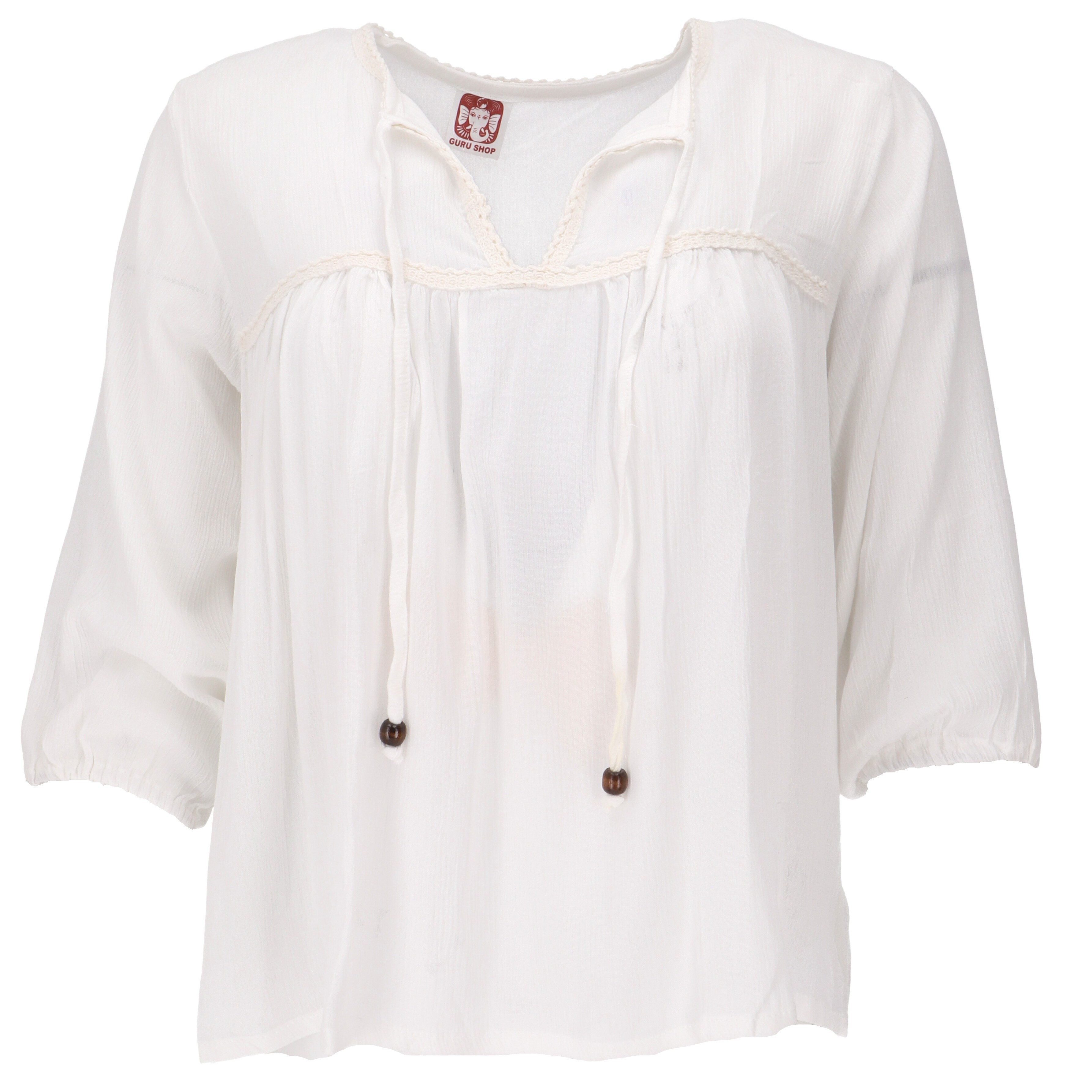 Guru-Shop Longbluse Luftige Boho Bluse, Maxibluse mit Spitze - weiß