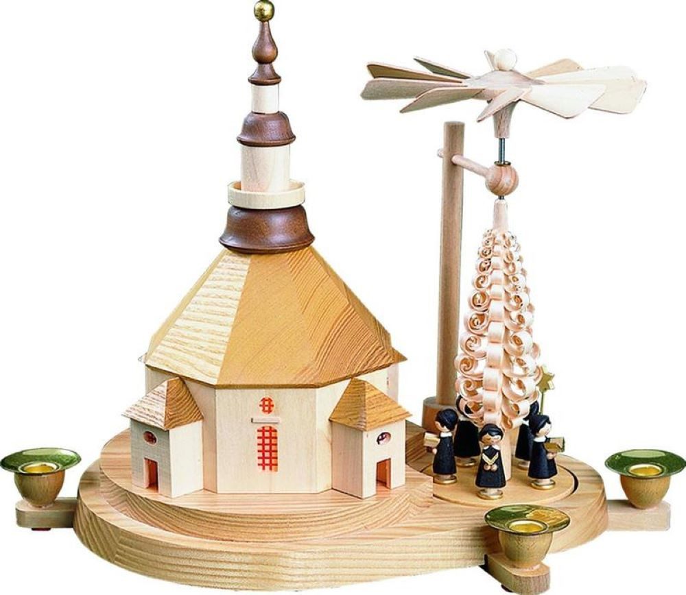 Richard Glaesser Weihnachtspyramide mit Kurrende und daneben die Seiffener Kirche, elektr.bel., Höhe 27cm, Handwerkskunst original Erzgebirge