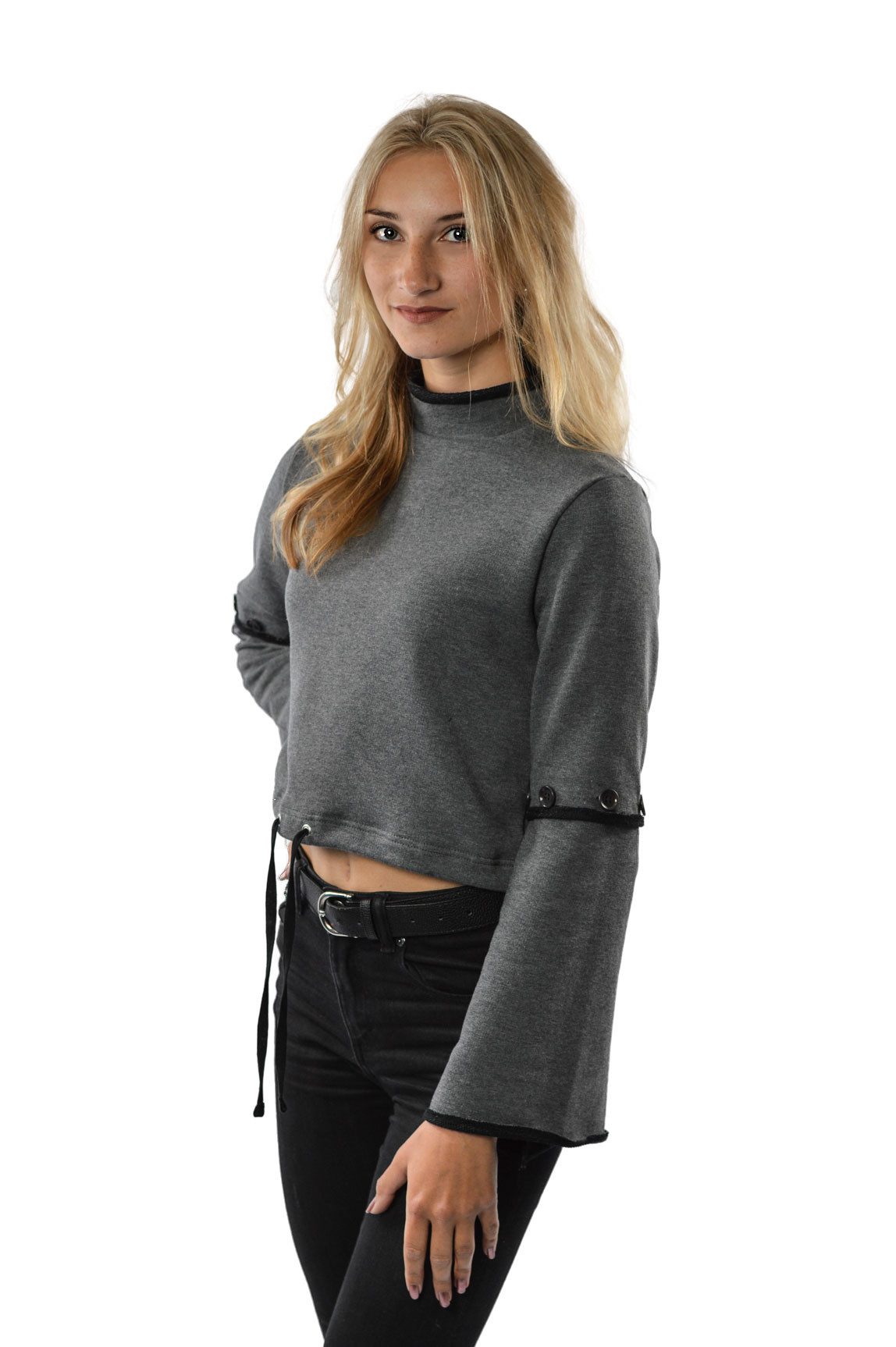 EMPIRE-THIRTEEN Stehkragenpullover LADIES SWEATER "DAISY" Ärmel mit Knöpfen
