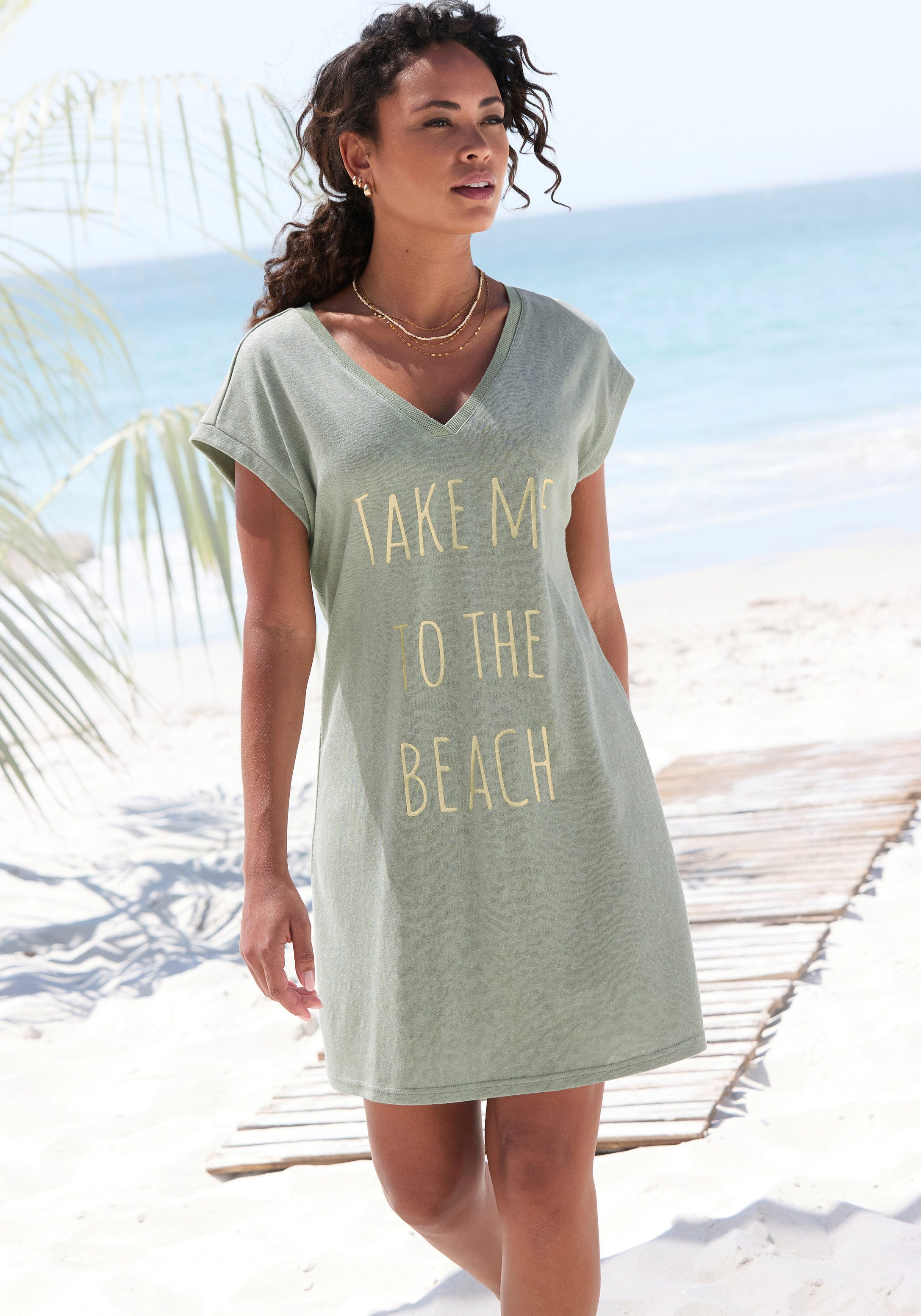 Beachtime by Lascana Longshirt mit glänzendem Foliendruck vorne, kurzes T-Shirt-Kleid lockeres Jerseykleid, luftiges Sommerkleid, kurzes Strandkleid