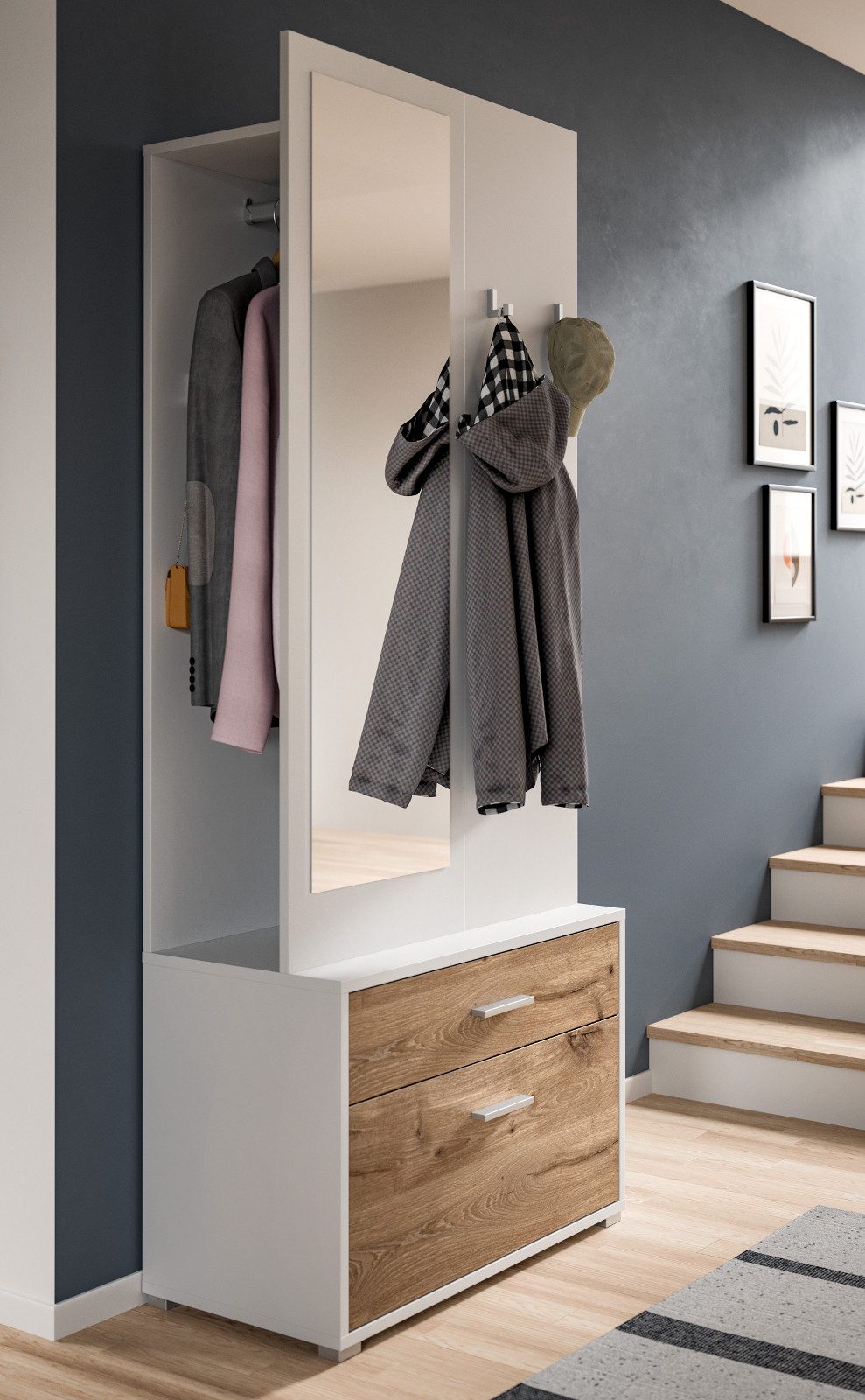 Inn.Furn Kompaktgarderobe Pallas (Garderobe in weiß mit Eiche, 80 x 190 cm) mit Spiegel, Kleiderstange und Schuhregal