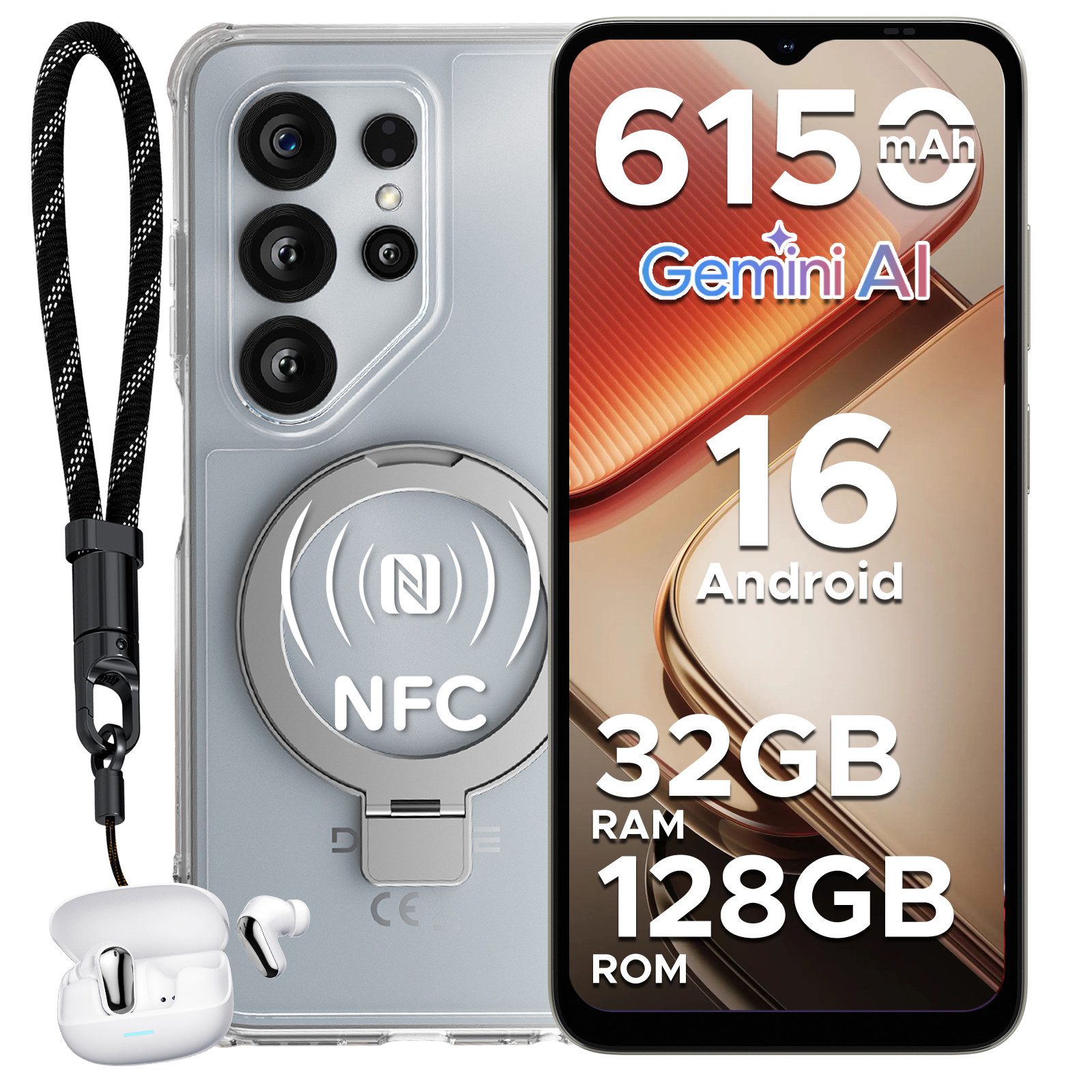DOOGEE Note 56 X Pro Android 16, inkl. Kopfhörer, 6.56", 6150mAh, 4+128GB Smartphone (6,56 Zoll, 128 GB Speicherplatz, 13 MP Kamera, Gemini AI, 128GB ROM/2TB, NFC, Dual SIM, Face ID, Widevine L1)