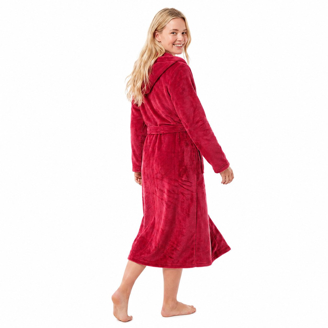 Rungassi Unisex-Bademantel Exklusiver Fleece-Bademantel Unisex extra lang mit Kapuze Rot 8210, 100 % Polyester