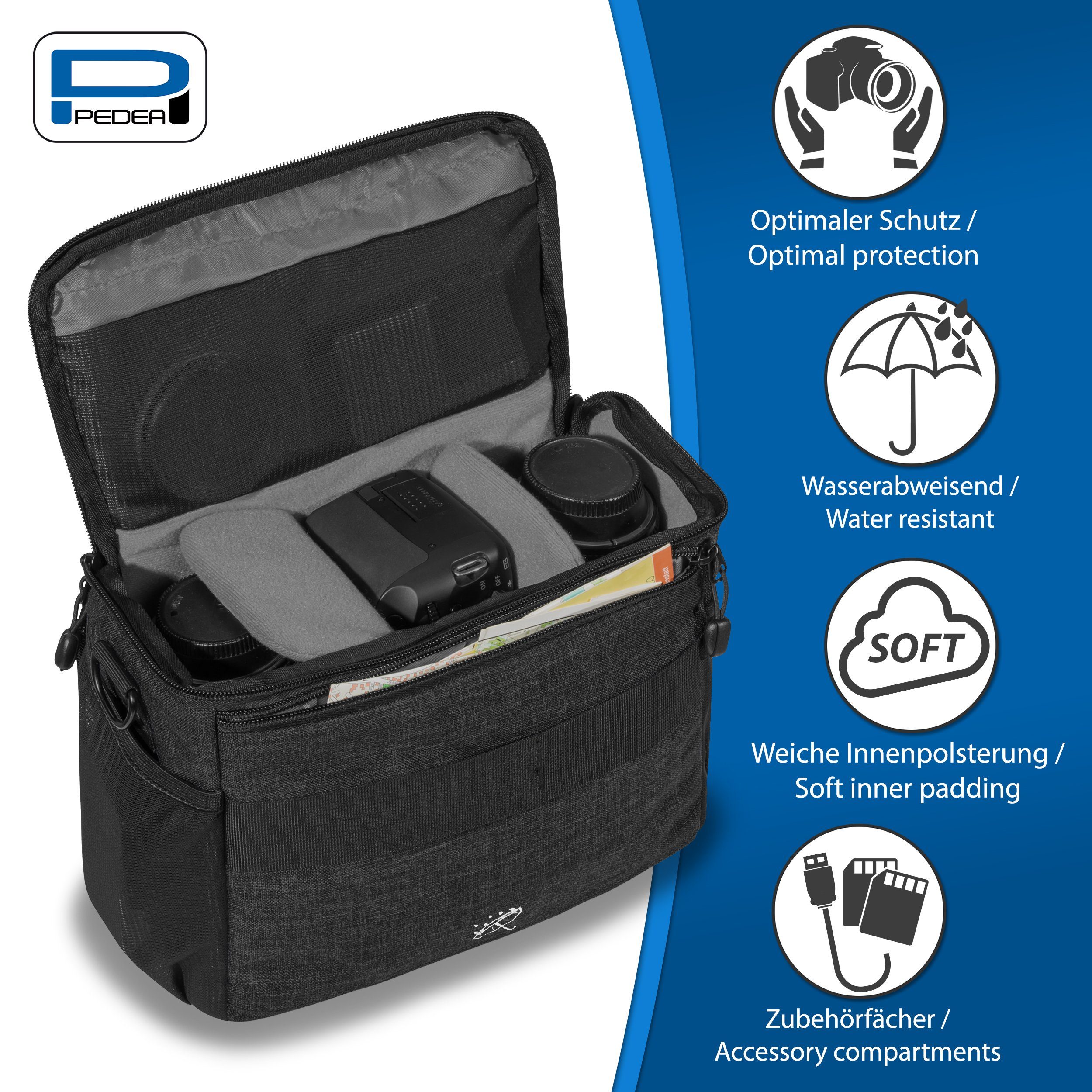 PEDEA Kameratasche FASHION XL Fototasche gepolstert, mit Gurt und Zubehörfächer, Größe XL / Regenschutz, Schultergurt, Zubehörfächer