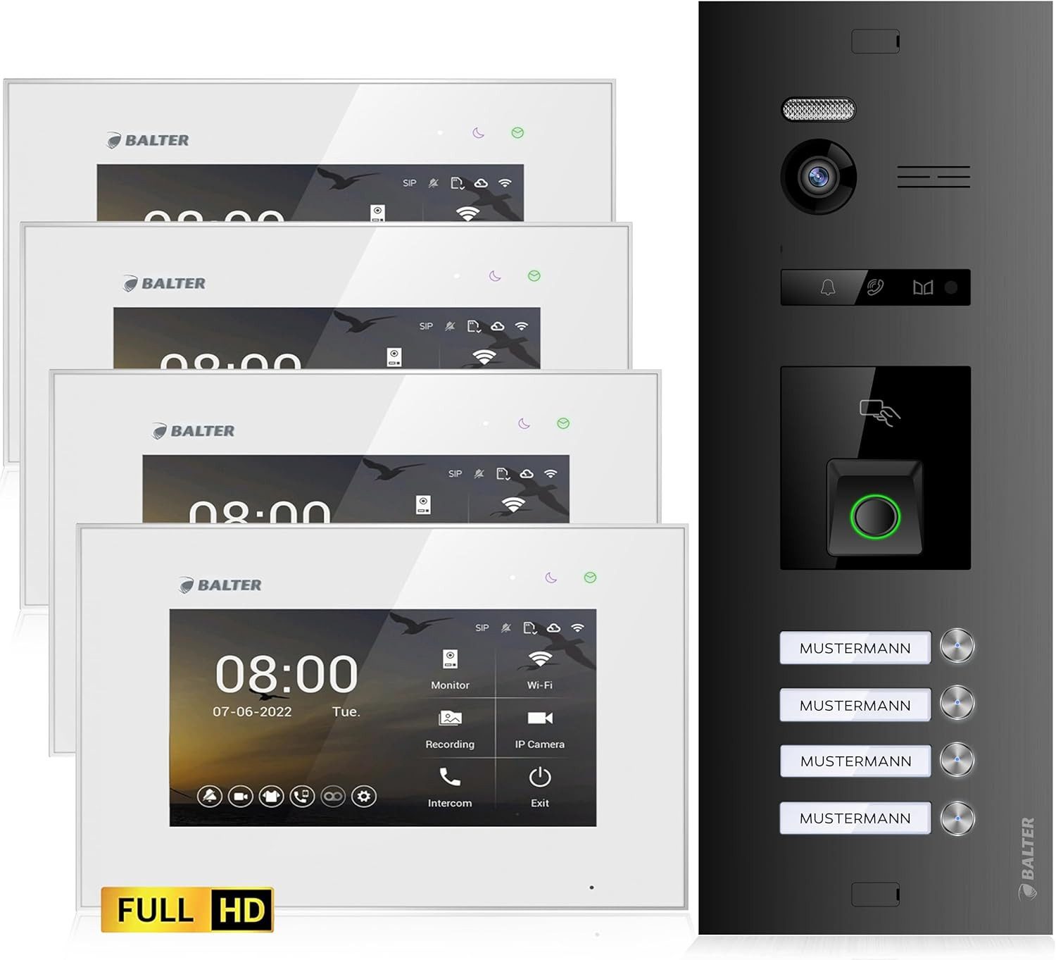 Balter Video-Türsprechanlage EVO HD Fingerprint und RFID für 4 Familienhaus 4x Monitor (Türsprechanlage, Komplettset, 7-tlg., Fingerprint, RFID, Full HD 175° Ultraweitwinkelkamera, Schwarz)