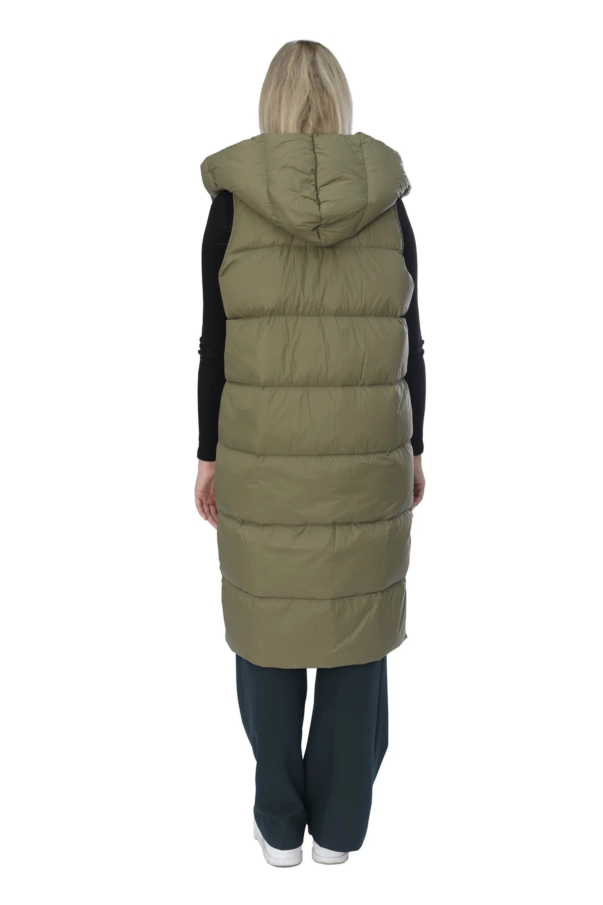 JNBY Daunenweste Damen lange Daunenweste mit Kapuze Frühlingsweste olive warm gefüttert