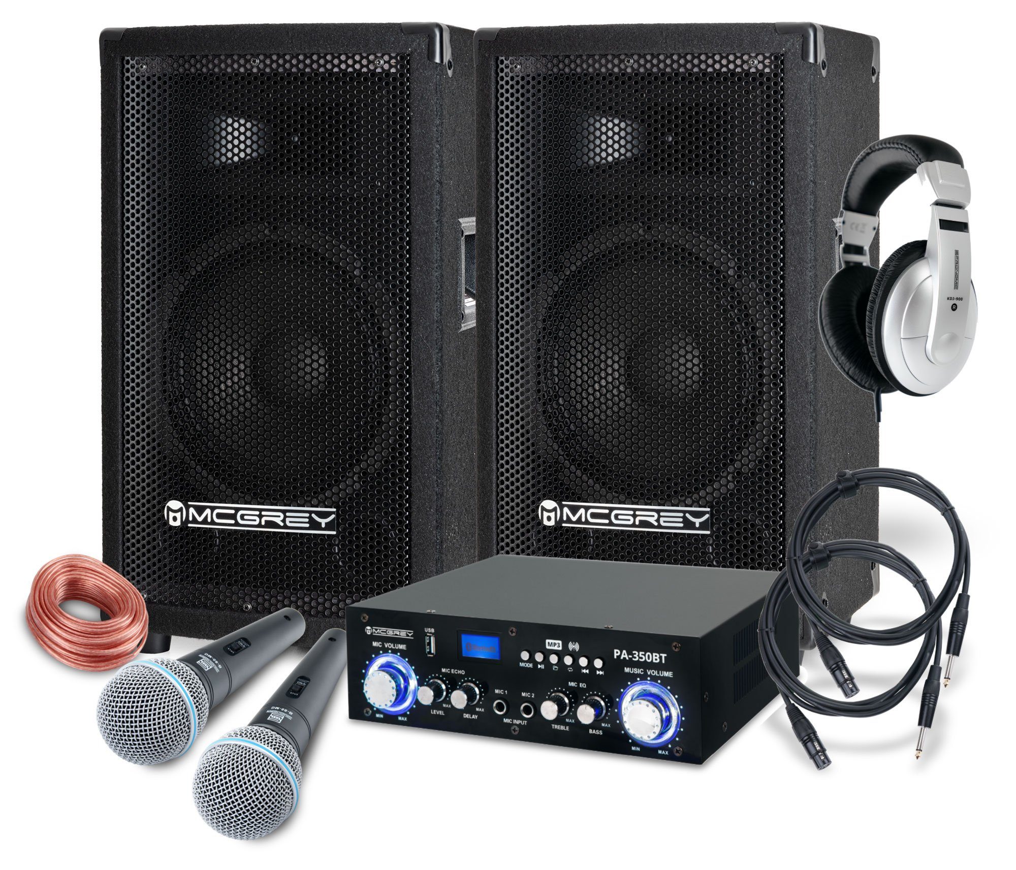 McGrey DJ Karaoke Komplettset PA Anlage Party-Lautsprecher (Bluetooth, 300 W,  Partyboxen 20cm (8 zoll) - inkl. Endstufe & Mikrofone)