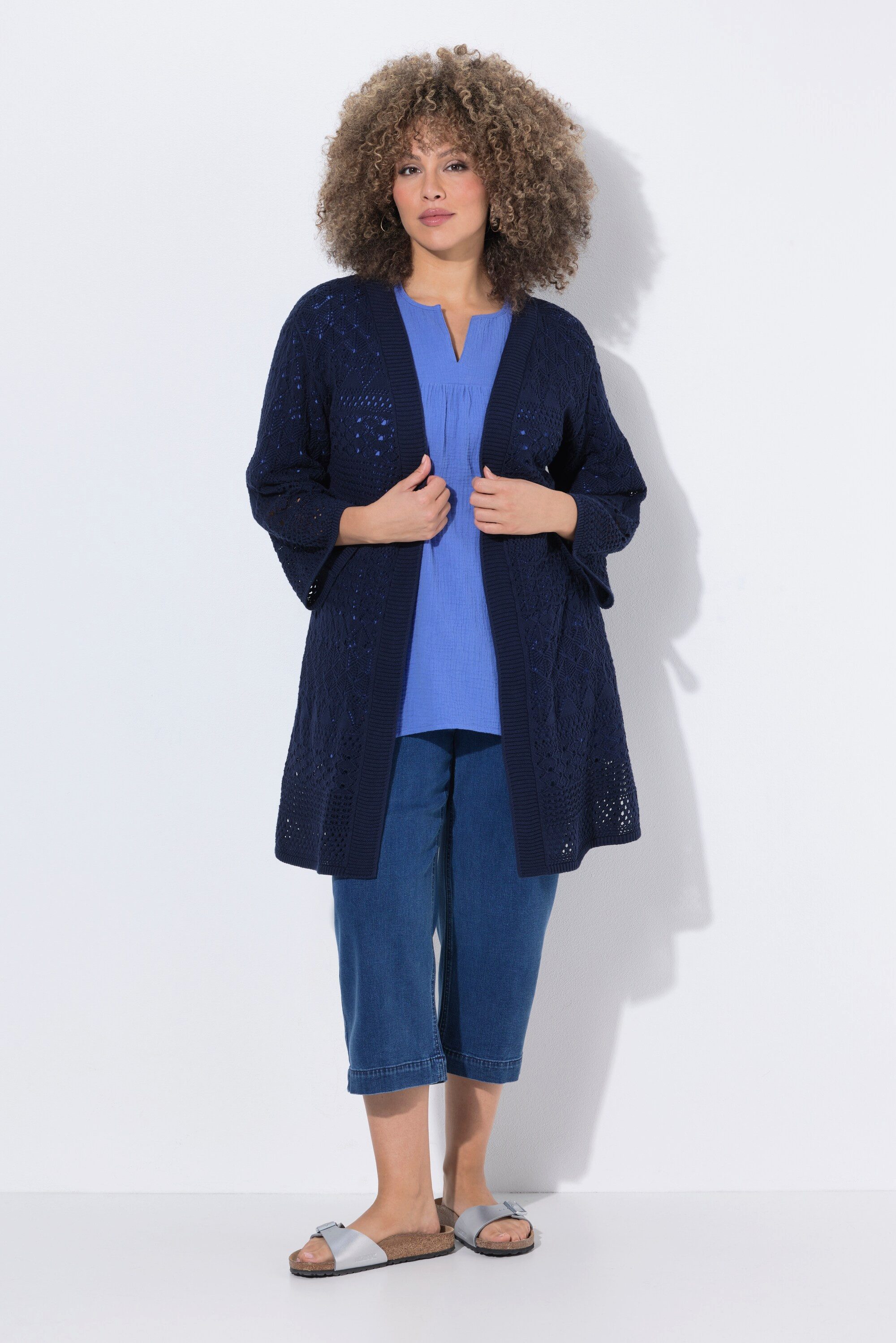 Ulla Popken Strickjacke Long-Strickjacke Ajourstrick offene Form 3/4-Arm
