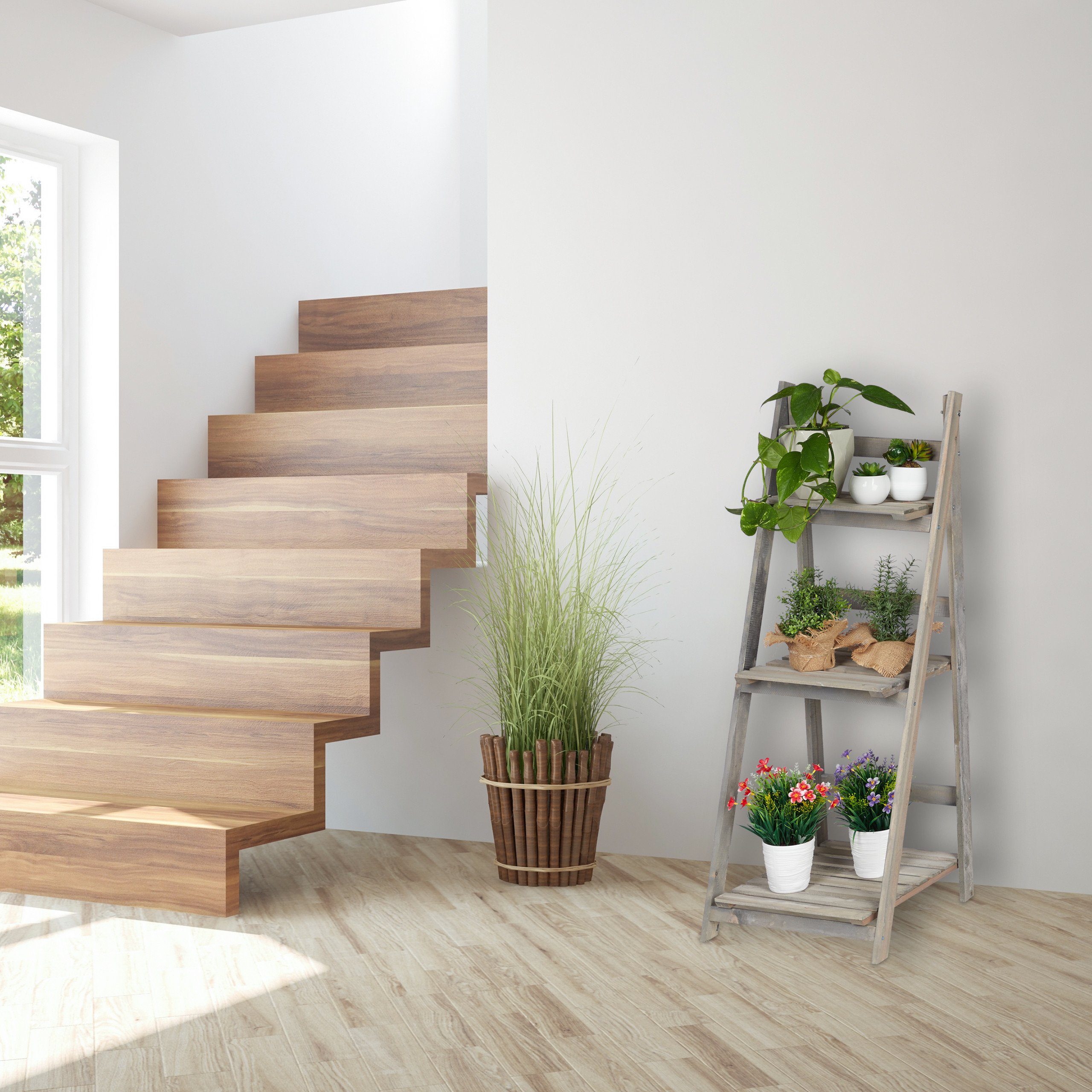 relaxdays Blumenständer Blumentreppe Holz grau (1 St), L – Bild 2 von 5