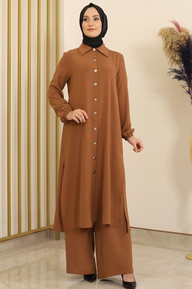 Lange Hose Longtunika mit Tunika Kleidung Knöpfe, Braun Stoff Hijab Aerobin Zweiteiler Anzug Modavitrini Damen