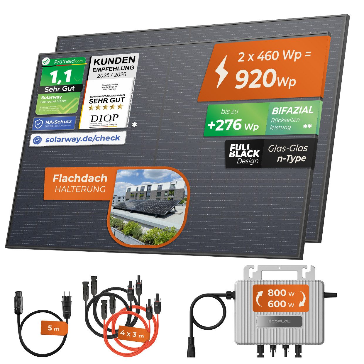 Solarway Balkonkraftwerk 920Wp / 800W komplett Steckdose - neuester EcoFlow Stream 800 Watt, 920 W, Monokristallin, (Solarway 460W Solarmodul & EcoFlow STREAM), – Bild 2 von 5