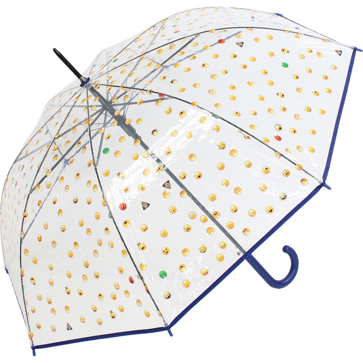 vielen mit RAIN blau HAPPY mit Smileys Emoticon-Transparentschirm - Automatik, lustigen bedruckt Langregenschirm