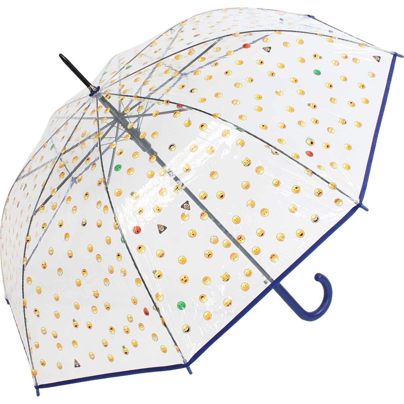 HAPPY RAIN Stockregenschirm Emoticon-Transparentschirm mit Automatik, bedruckt mit vielen lustigen Smileys - blau