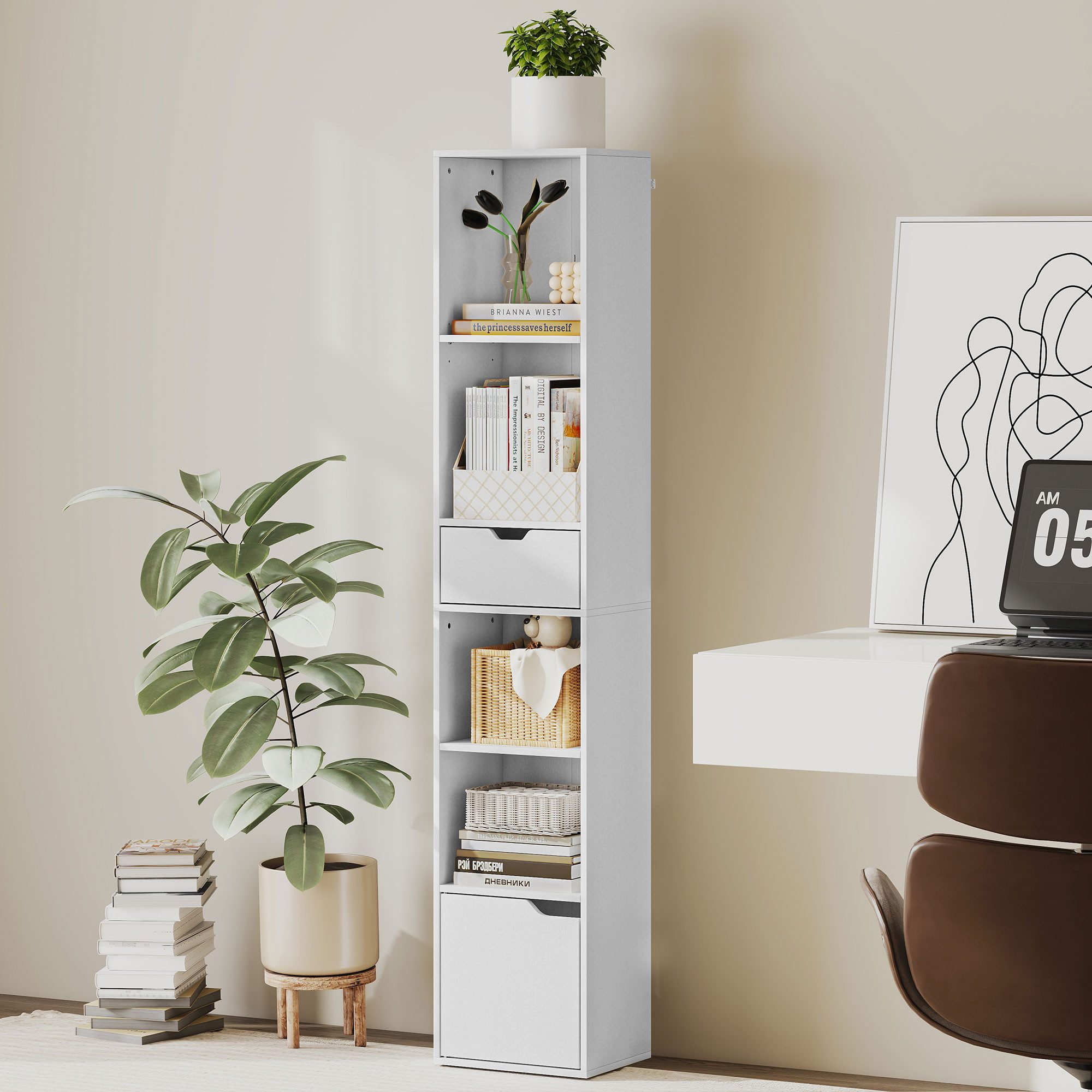 HOMCOM Bücherregal anpassbares Regal, Плити 1-tlg., für Wohnzimmer, Büro, Weiß