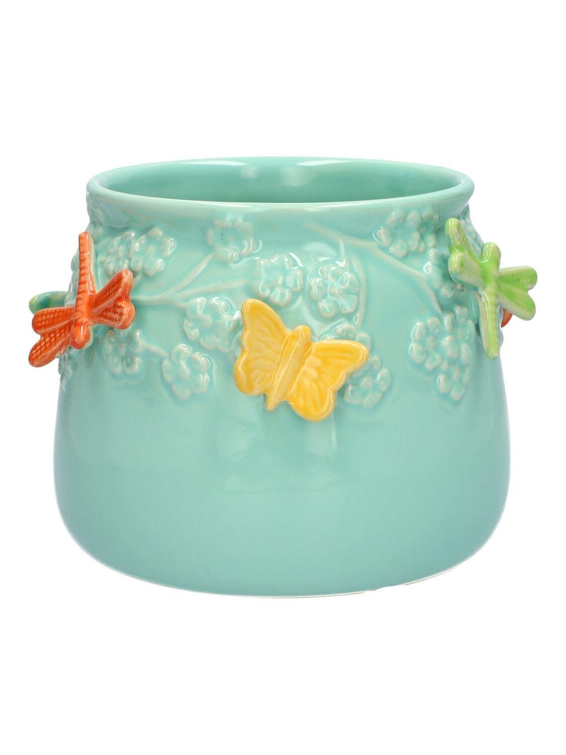 INNA-Glas Blumentopf KIMANA aus Keramik, 3D Schmetterlinge Libellen, blau-orange-gel