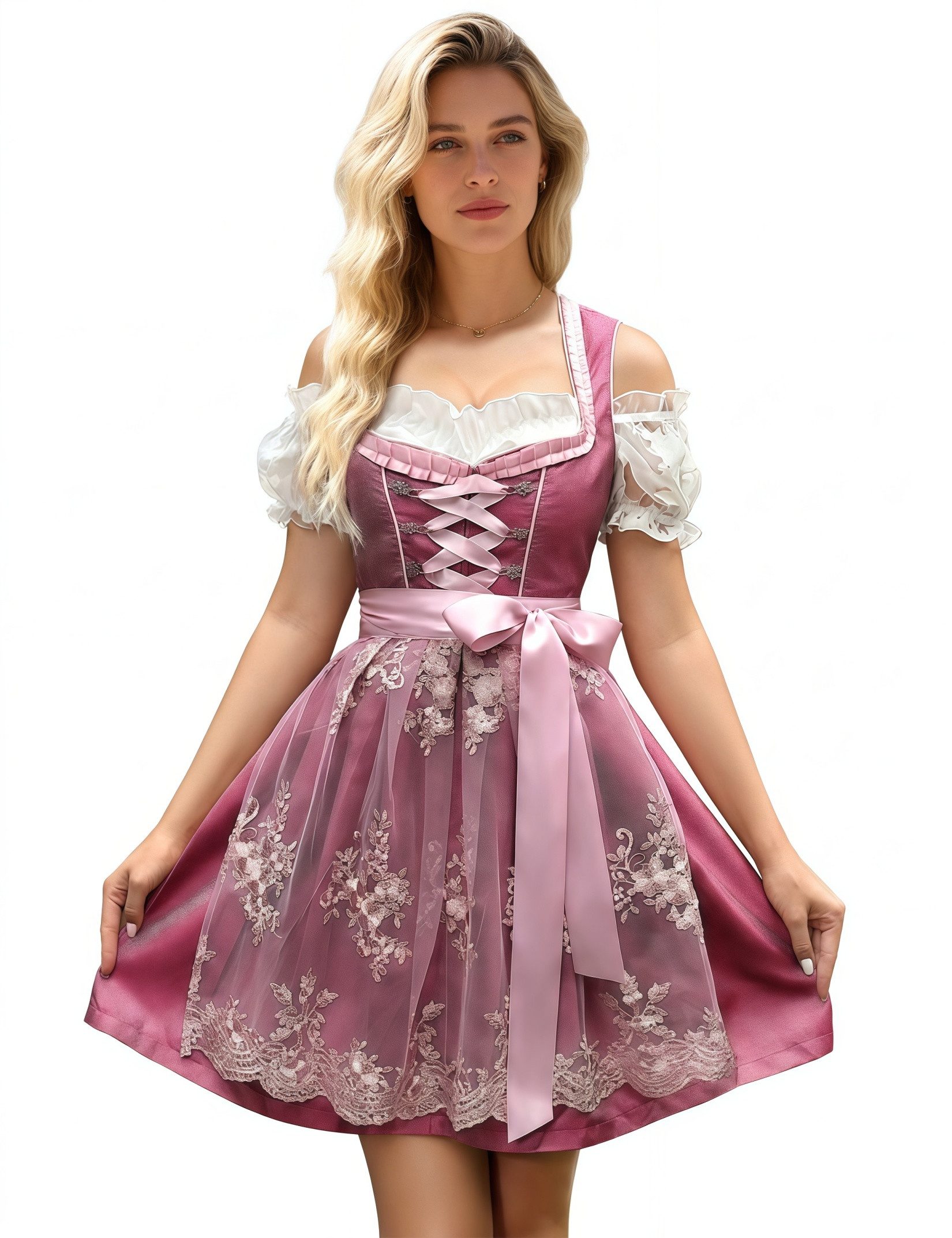 MODISFRAU Dirndl Damen 3tlg. Trachtenkleid mit Bluse und Schürze Spitzenstickerei Rosa