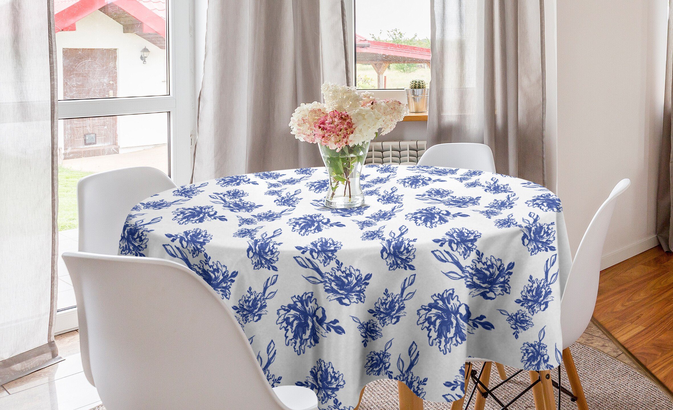 Abakuhaus Tischdecke Kreis Tischdecke Abdeckung für Esszimmer Küche Dekoration, Blumen Blaue Pfingstrosen-Blüten-Kunst