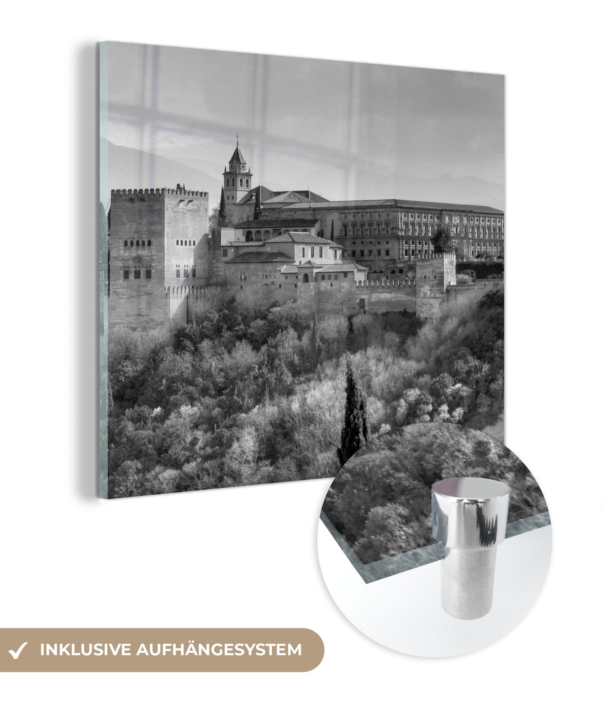 MuchoWow Acrylglasbild Blick auf Alhambra die Glas San vom Bilder - schwarz-weiß, (1 - de - Wanddekoration Glas auf Foto Glasbilder in Nicolás St), auf Mirador Wandbild
