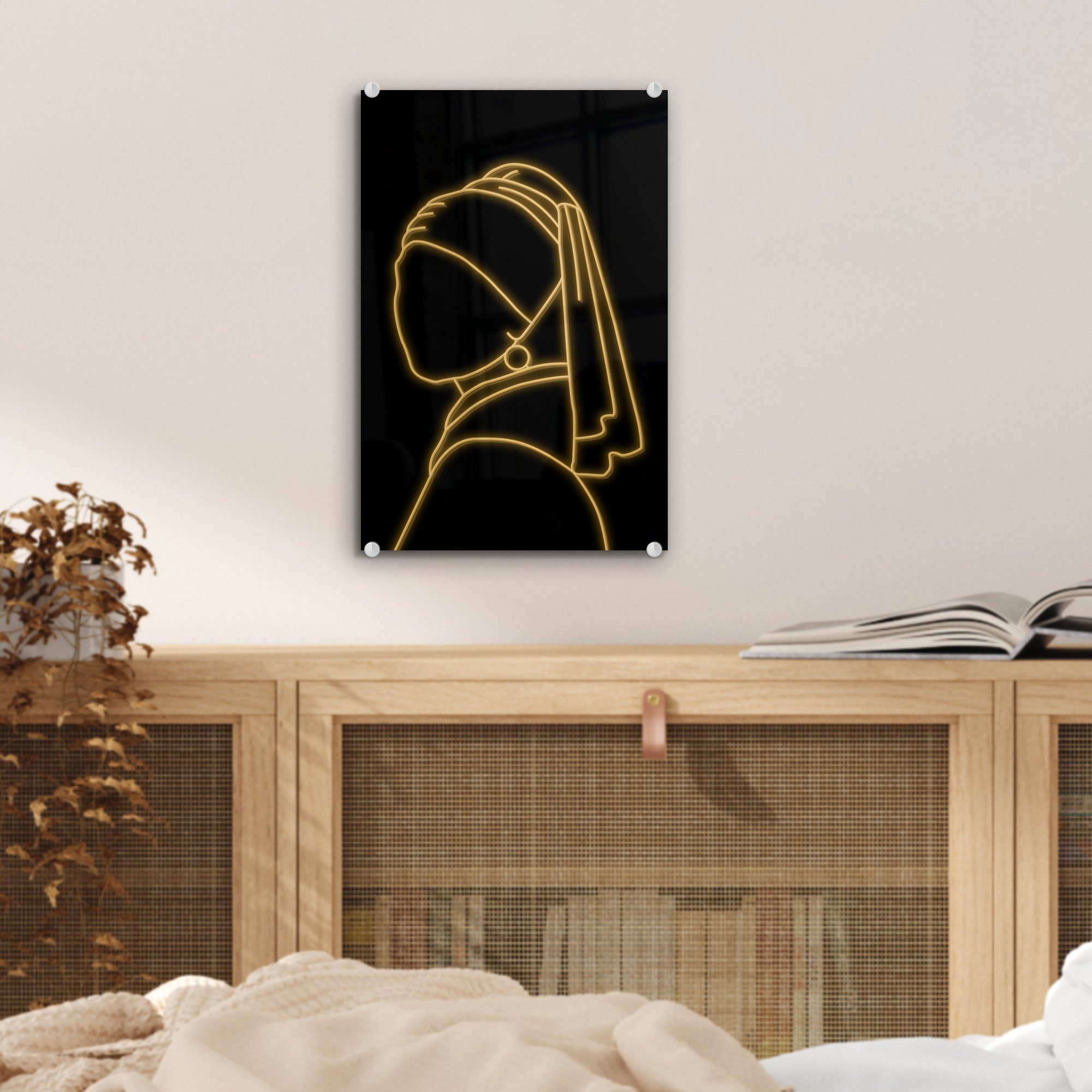 MuchoWow Acrylglasbild Mädchen mit Glas - St), Wanddekoration auf - Wandbild Vermeer Gold, Johannes Glasbilder Perlenohrring auf Foto einem Glas - Bilder - - (1