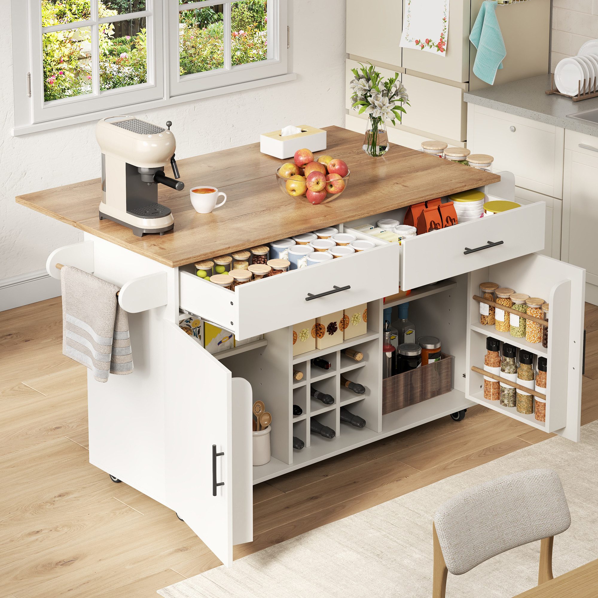 i@home Kücheninsel Küchenwagen mit klappbarer Arbeitsplatte, (Weinregal, Gewürzregal, Handtuchhalter, 2 Schubladen), Servierwagen Anrichte Coffee Bar für Küche Esszimmer 120×45(84)×84 cm