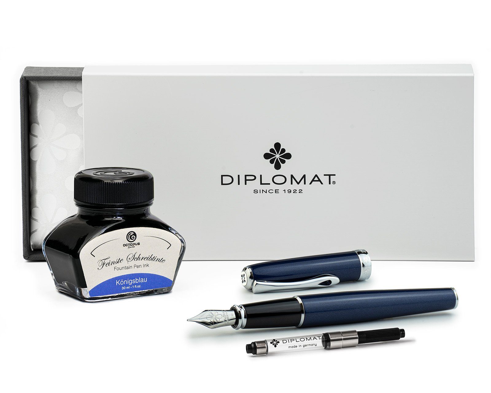 DIPLOMAT Füllhalter Excellence A2 Midnight Blue Chrom mit Schreibtinte, (Spar-Set mit Tintenkonverter und Schreibtinte Königsblau von Octopus Fluids), MADE IN GERMANY | Füllfederhalter