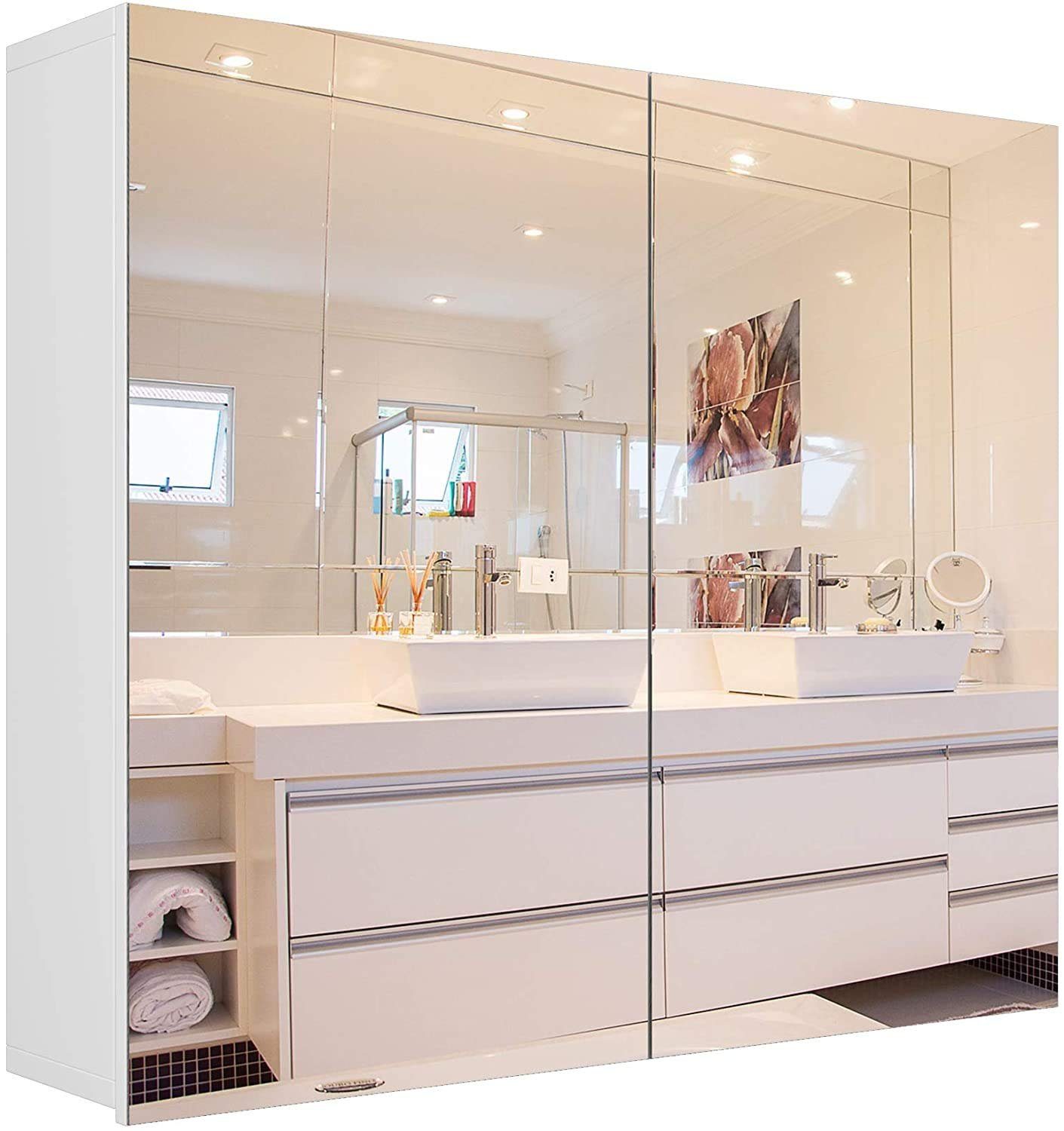70 weiß, 4 Spiegelschrank Homfa Holz Fächern, cm, mit Breite Badezimmerschrank