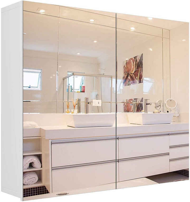Homfa Spiegelschrank Badezimmerschrank mit 4 Fächern, Breite 70 cm, weiß, Holz