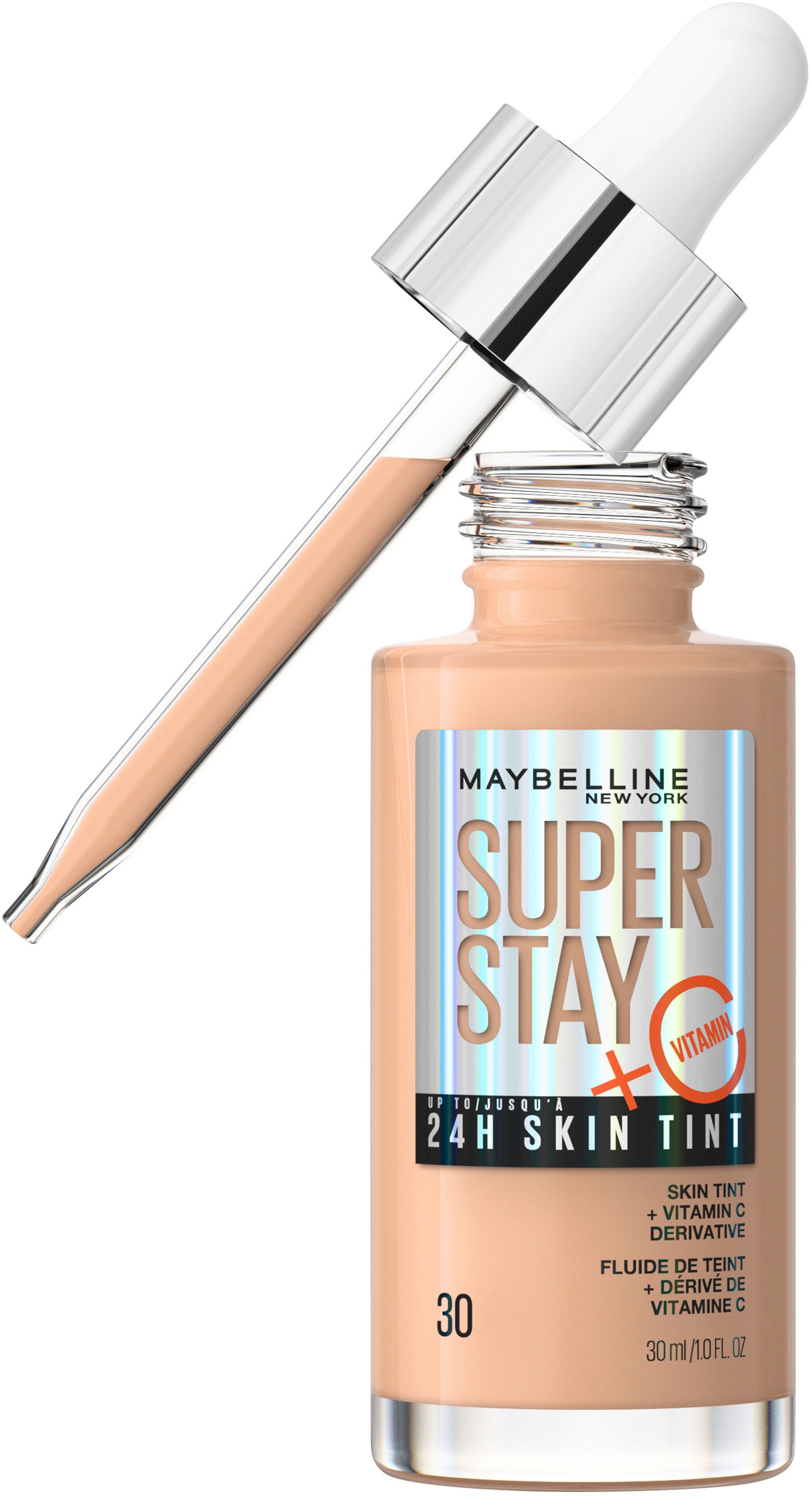 MAYBELLINE NEW YORK Foundation SUPER STAY 24H SKIN TINT MIT VITAMIN C, bietet dank hautähnlicher Pigmente eine leichte bis mittlere Deckkraft