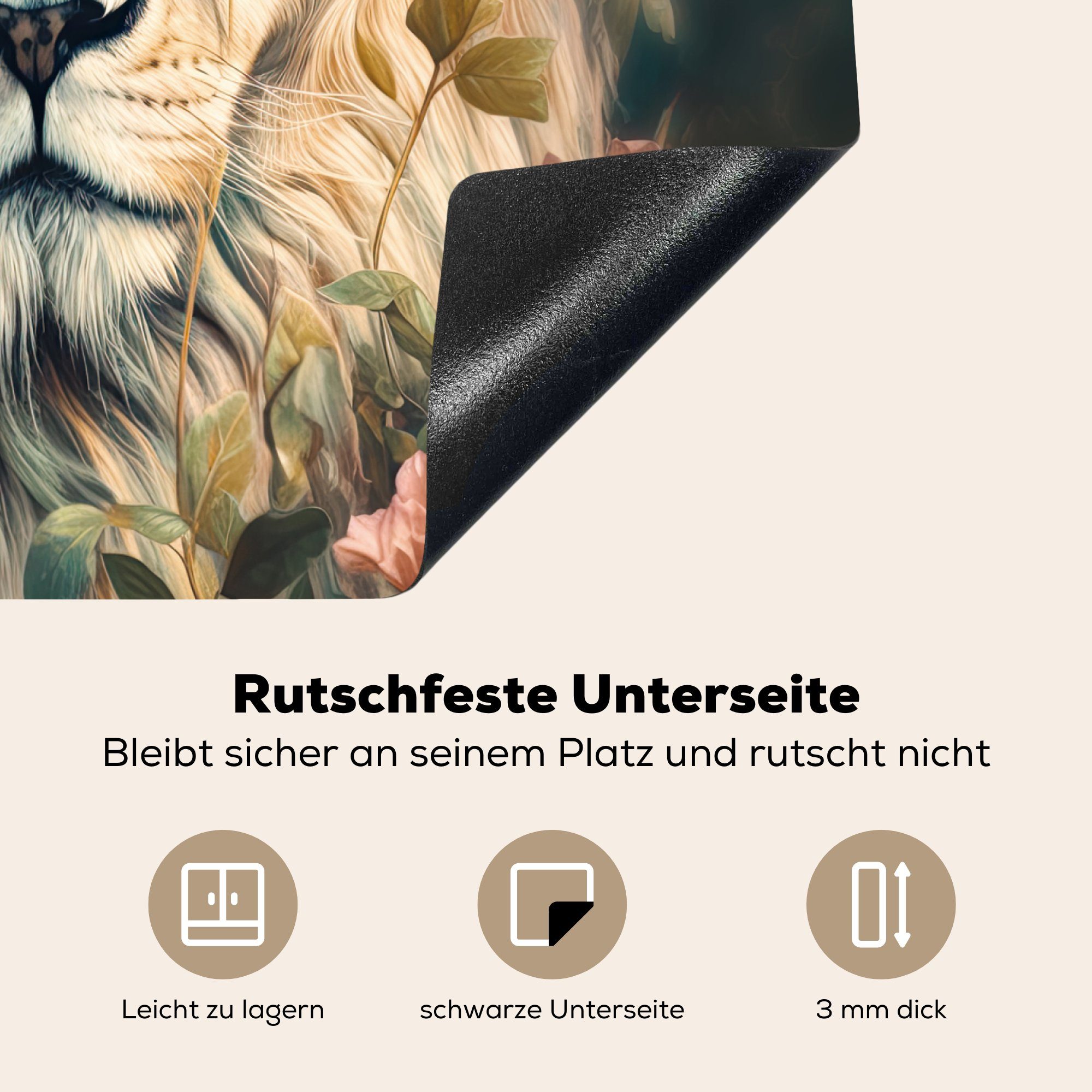 (1 Tiere Löwenkopf Herdblende-/Abdeckplatte Wilde - Ceranfeldabdeckung MuchoWow tlg), Arbeitsfläche - Löwe Vinyl, nutzbar, Blumen, cm, Mobile 60x52 -