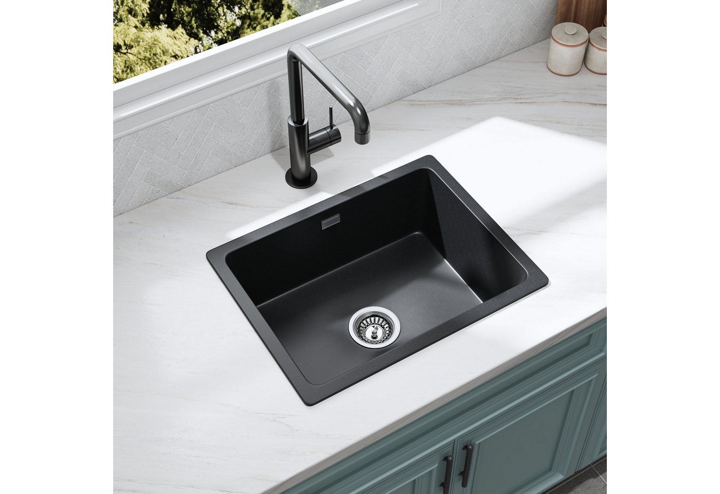 HOROW Granitspüle Küchenspüle aus Granit Einbauspüle Spülbecken 56x43cm, Eckig, 56/43 cm, aus Granit, Komplett-Set,einbau Spülbecken, (Granit Siphon), mit Siphon Ab- und Überlaufgarnitur