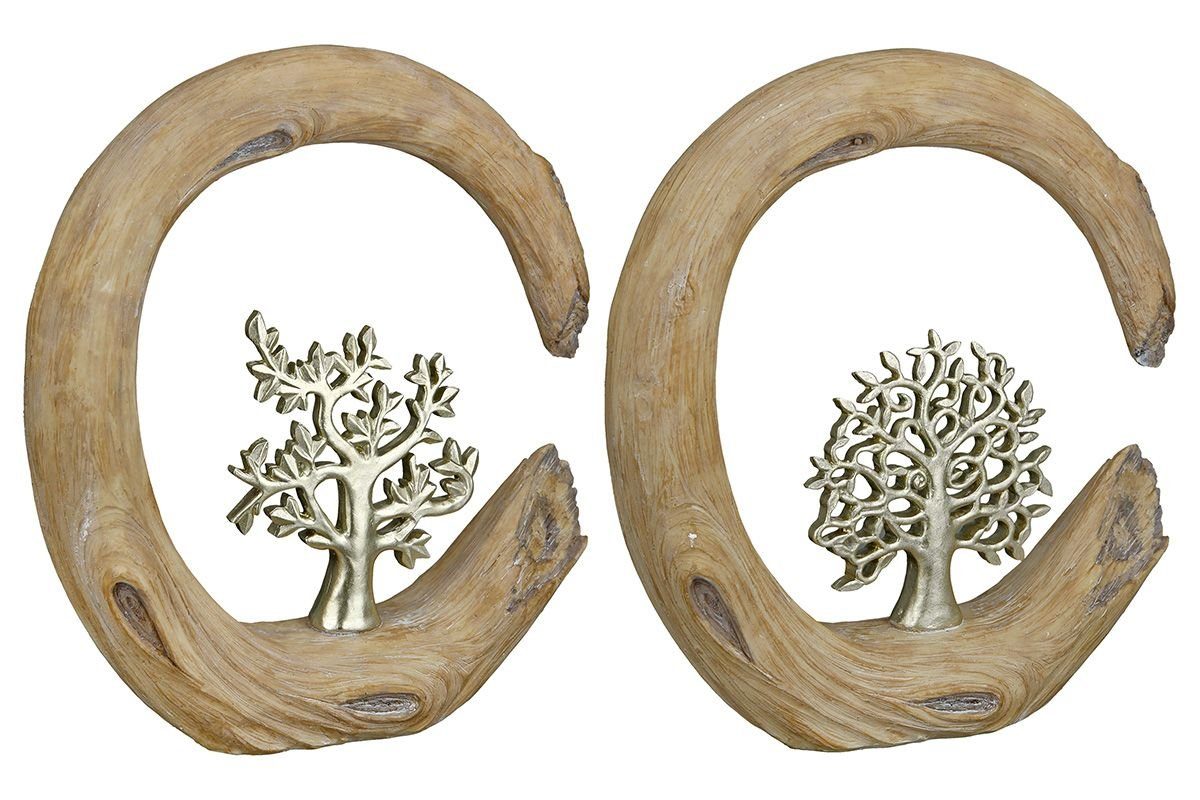 GILDE Dekoobjekt 2er Set Skulptur Holzoptik naturfarben in Baum Lebensbaum silberfarben