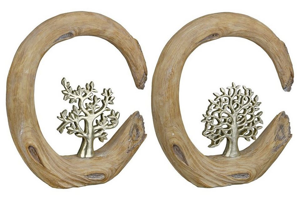 GILDE Dekoobjekt 2er Set Skulptur Baum naturfarben in Holzoptik Lebensbaum  silberfarben